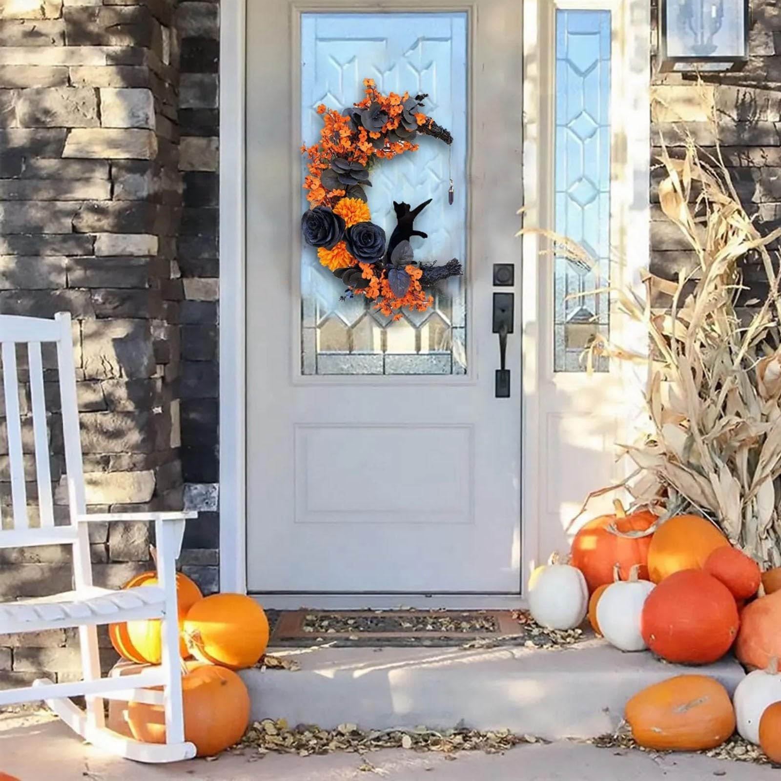Couronne D'Halloween Chat Et Lune Pour Porte - Décoration Automnale Effrayante Et Fantaisiste