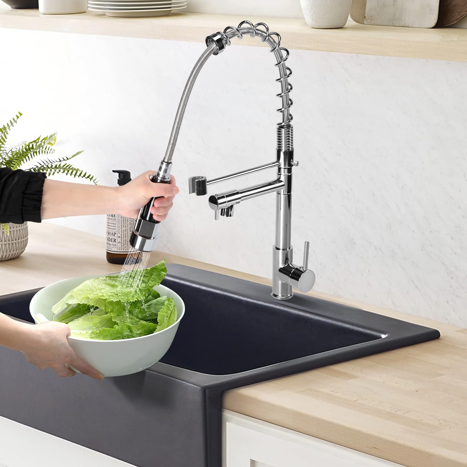 Grifo de cocina, grifo con ducha extraíble giratorio de 360 grados, fregadero de arco alto, pulverizador escalable, 2 modos, plateado cepillado
