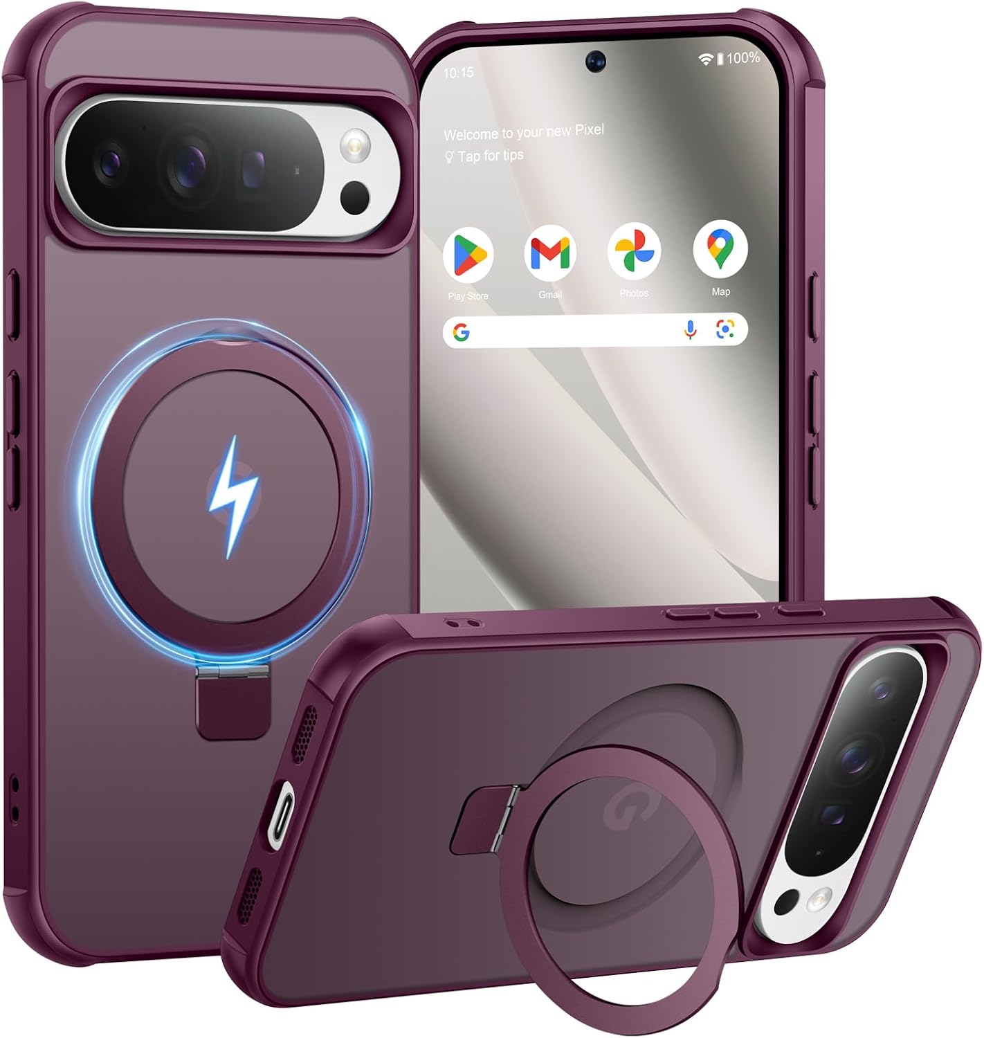 Magnetic Ring Stand Case for Google Pixel 10 Pro XL - 120° rotatable Stand, N52 Magnet, Non-Slip, matt Transparent Back, Easy to Clean, Shockproof, Drop Protection (Wine Red)
