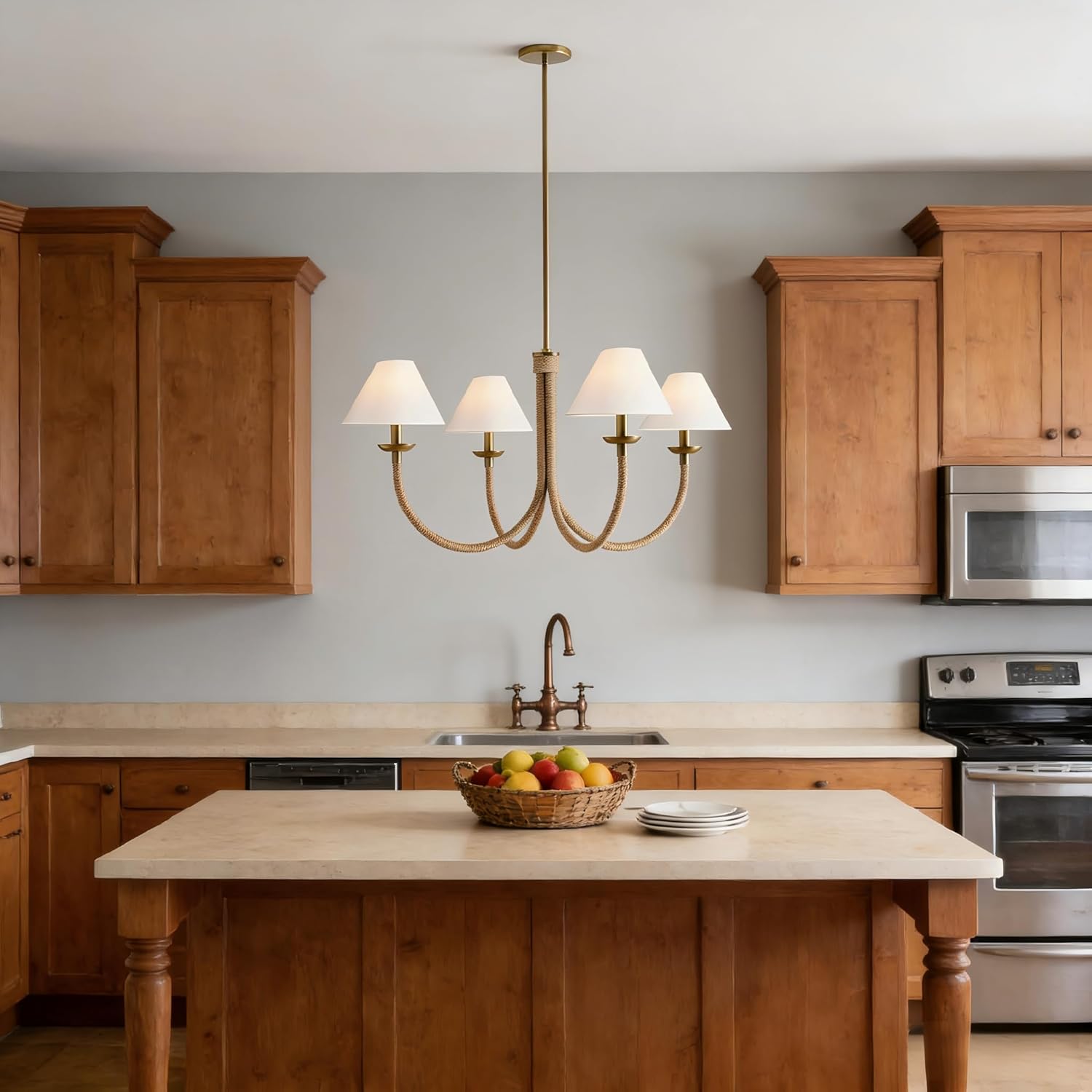 40" Rustic Elegance 4-Light Linen Cone Chandelier with Metal & Rope, Boho Farmhouse Ceiling Fixture, Hardwired for Dining & Living Room, E12 Bulbs