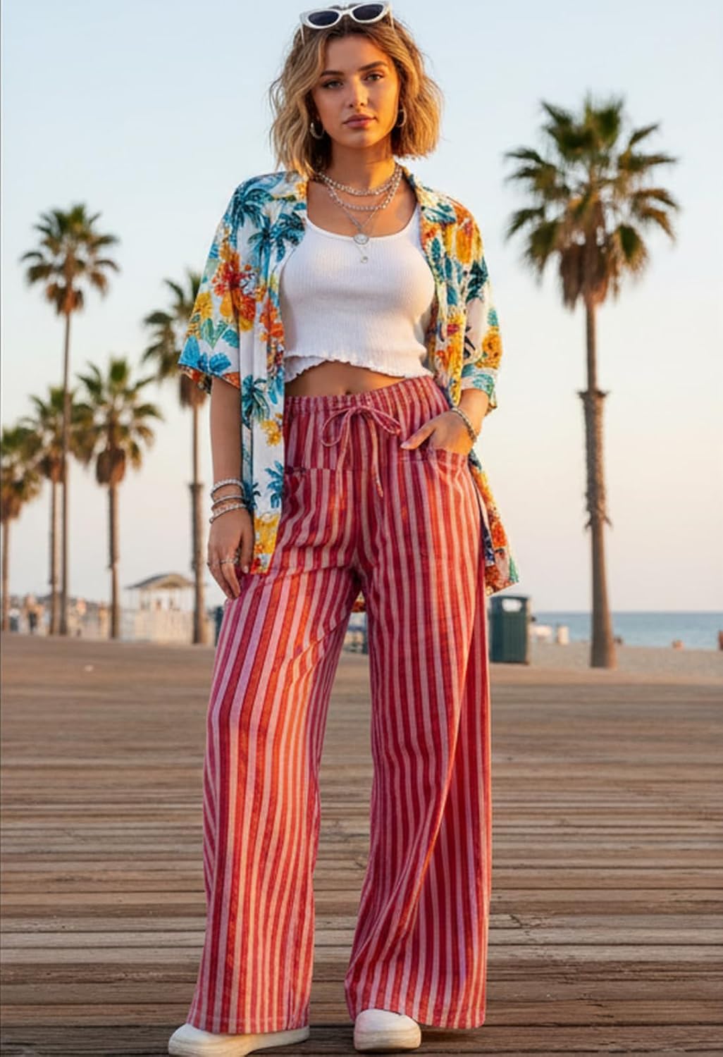 MISSACTIVER Women Drawstring Striped Pants Loose Wide Leg Trousers Casual Low Waist Pants Comfy Lounge Pants with Pockets - Image 2