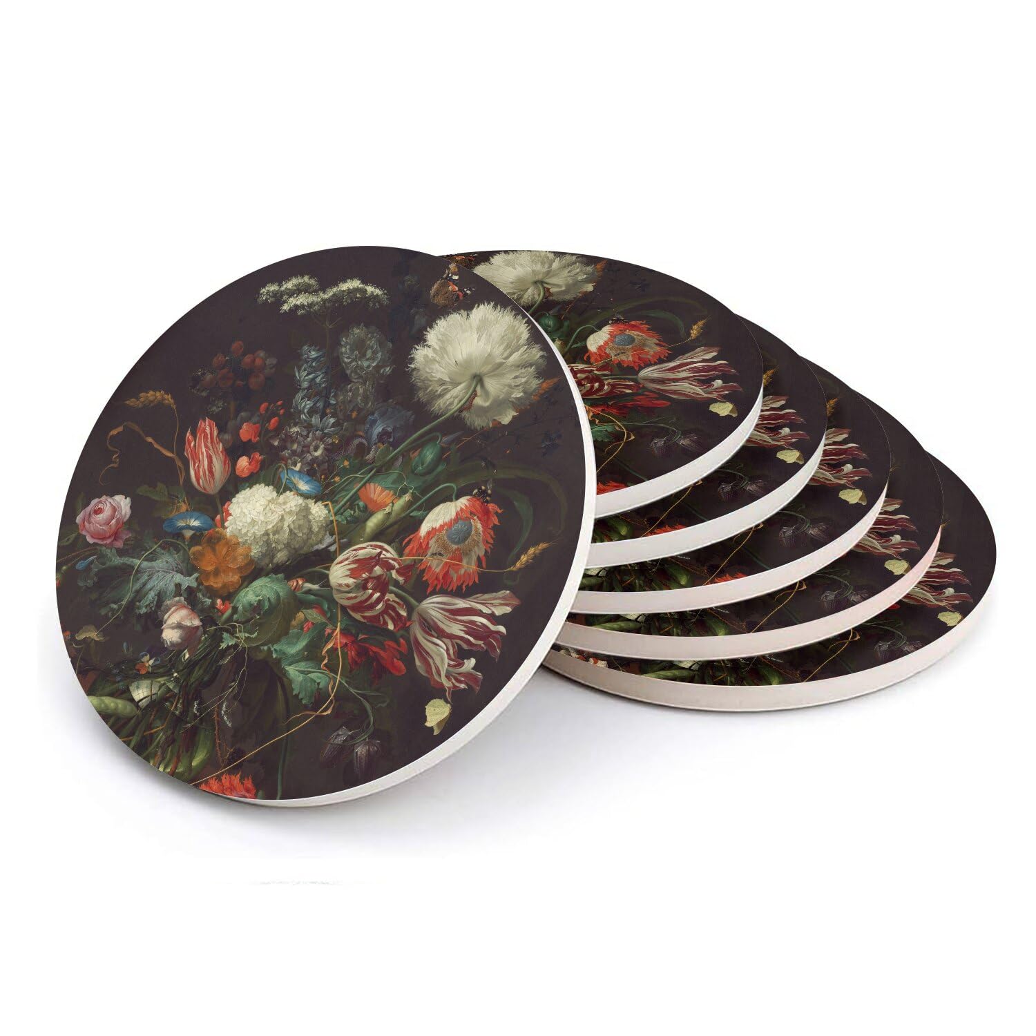 Sous-verre ronds en céramique pour table basse salon vase fleurs peinture de Heem