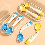 Deejoy Toddler Utensils with Travel Safe Case, Silicone Baby Spoons and Fork Set for Self Feeding, Toddlers Feeding Training Spoon, Easy Grip Heat-Resistant, Bendable Function (2 Sets, Yellow+Blue)