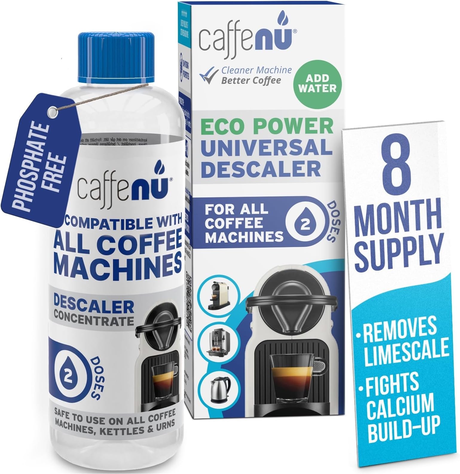 Universal Coffee Machine Descaling Solution. Coffee Machine Descaler Liquid 2 Uses. Descaler Kit. Part of your Barista Accessories Set. Compatible with Nespresso, Phillips, Lavazza, Verismo and More!