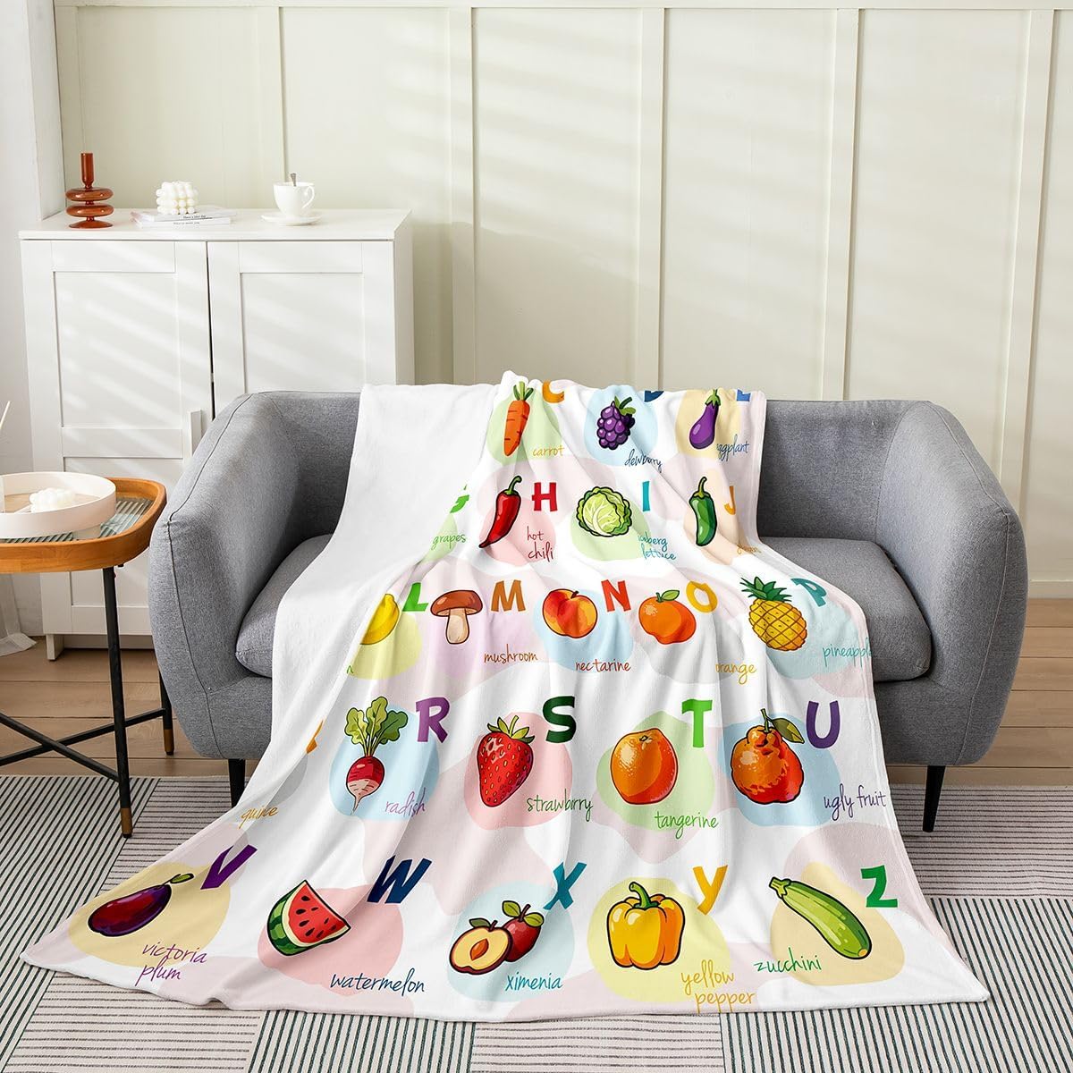 Toddlers ABC Plush Throw Blanket, Twin 60"x80" Kids ABC Alphabet Flannel Fleece Blanket for Boys Teens Vegetables and Fruits All Season,Bed Blanket Breathable Kawaii Cute Room Decor Quilt Cover