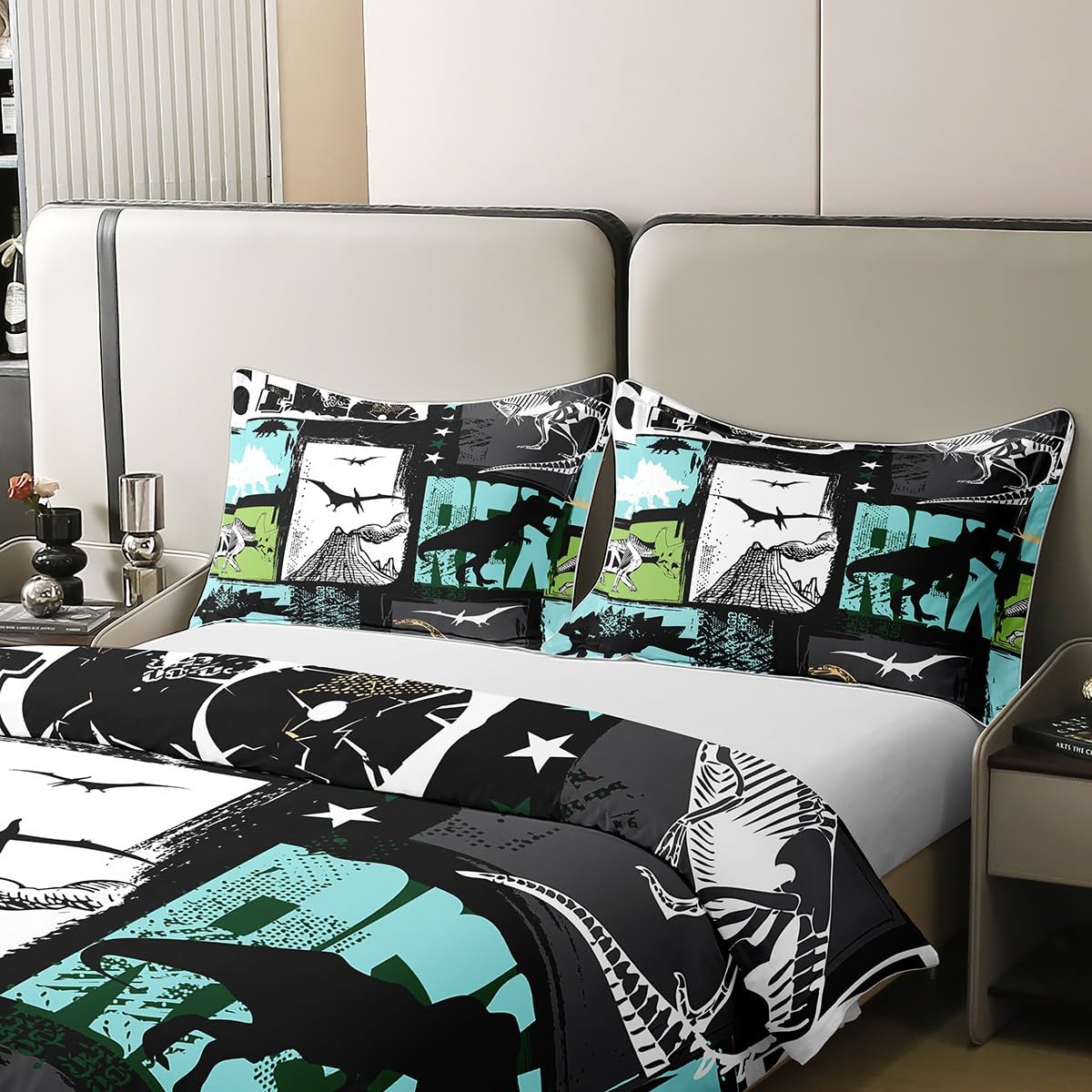 Juego de ropa de cama de algodón de dinosaurio verde, juego de ropa de cama de algodón de dinosaurio de dibujos animados para niños y niñas, juego de ropa de cama de algodón Kawaii Jungle Dino Juego