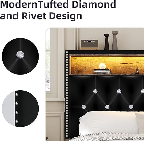 Miniatura 6 de HOMBCK Full Size Bed Frame with LED Lights, Velvet Upholstered Bed Frame Full with Charging Station and Storage Headboard, Modern Diamond and Rivet