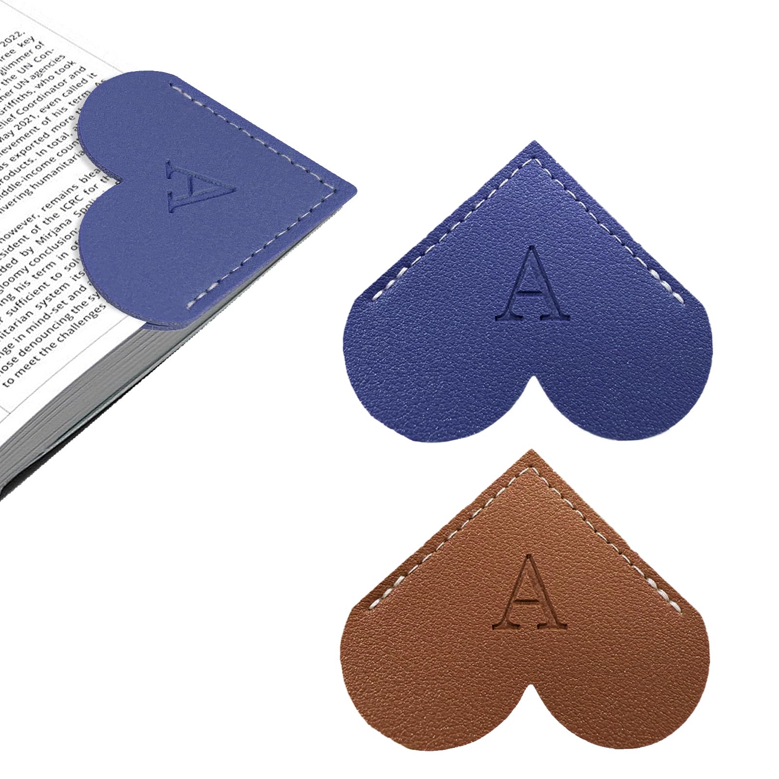 2Pcs Personalized Leather Heart Bookmark with Initial, 26 Letters Custom Corner Page Book Mark for Reading Women, Book Lovers, Teachers, Students,