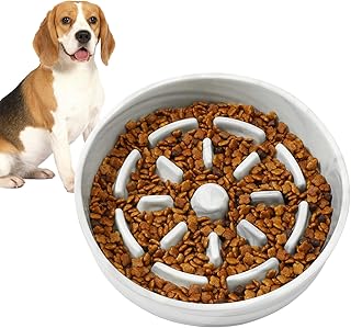 Pawaboo Ceramic Slow Feeder Dog Bowls, 1.5 Cups Dog Slow Feeder Bowl for Small/Medium Breed, Dog Dishes to Slow Down Eating, Puzzle Dog Food Bowl with Anti-Slip Pad, Dog Maze Bowl, 8.5in, Marble White