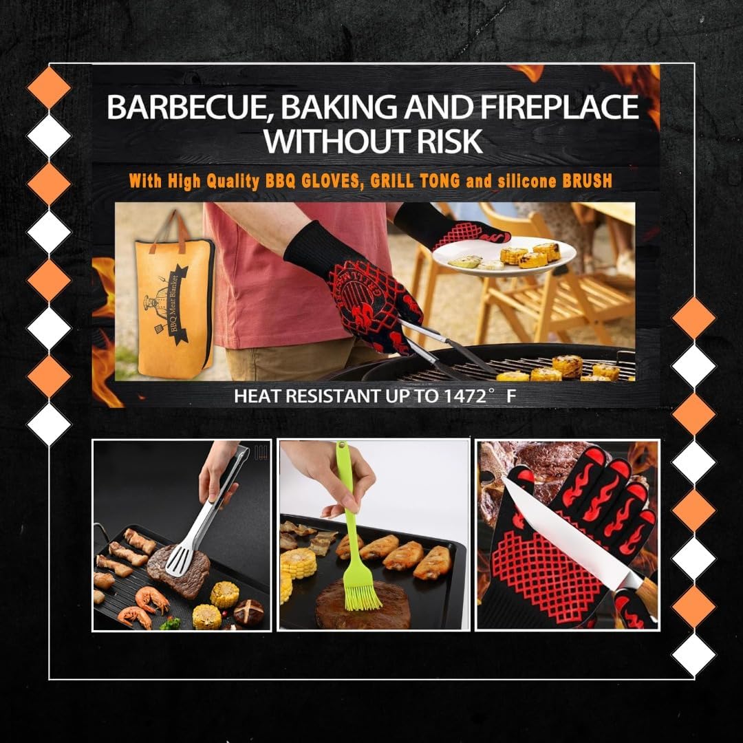 BBQ Blanket for Resting Meat, 21 Inch Insulated Brisket Blanket with Grill Tongs, Heat-Resistant Gloves & Basting Brush, Leak-Proof Meat Resting Bag for Brisket, Turkey, Ribs, Pork & Steak