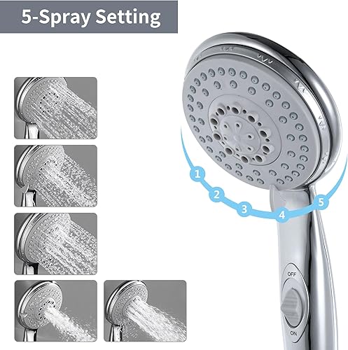 Miniatura 4 de Cabezal de ducha de alta presión con manguera, kit de cabezal de ducha de 5 rociadores de repuesto con pausa de encendidoapagado, cabezal de ducha
