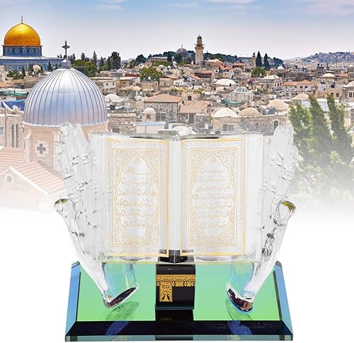 Miniatura 4 de Adorno de cristal musulmán, Kaaba dorado de mano sosteniendo libro, modelo de cristal musulmán, figuras coleccionables, construcción islámica