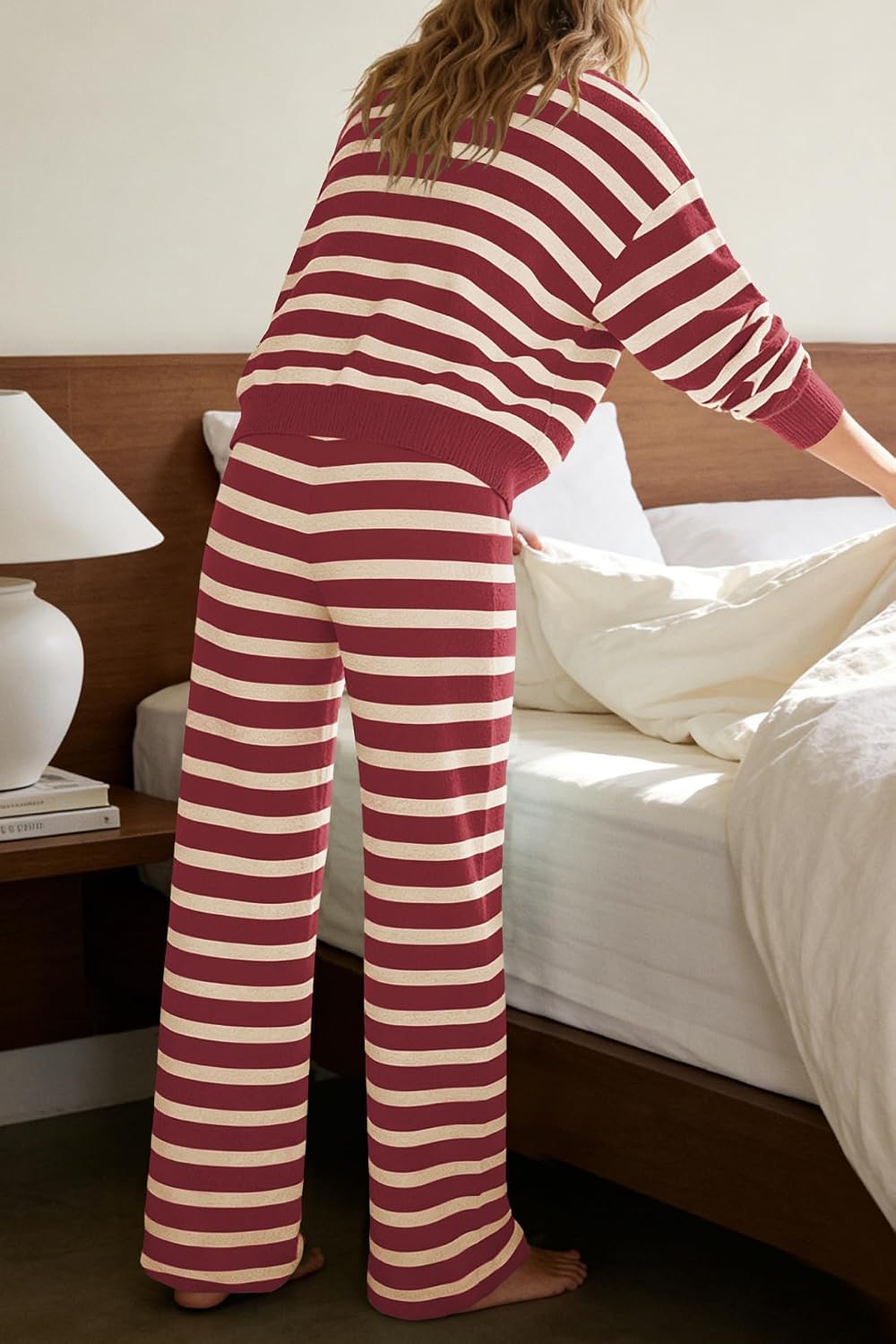 ReachMe Womens Oversized Striped 2 Piece Sets Button Up Cardigan and Wide Leg Pants with Pockets Fall Pajama Outfit