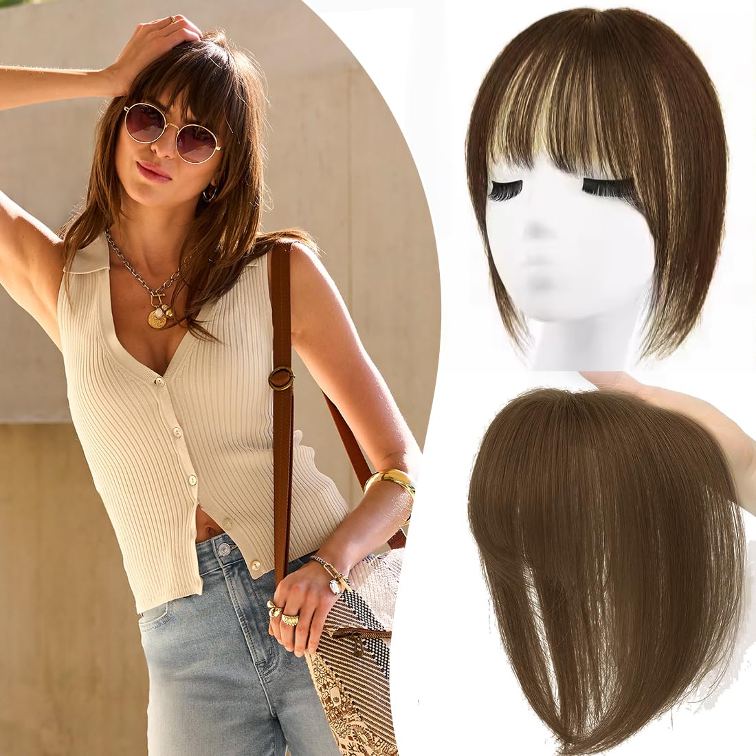 Echthaar Topper Mit Pony 360° 3D Abdeckung Topper Für Frauen Remy Echthaarteile Für Frauen Mit Dünner Werdendem Haar Glatter Clip in Pony Mit Toppers(Dunkelbraun #2, 20cm 8 Zoll)