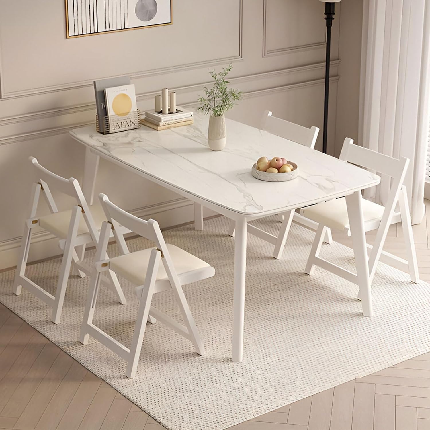 AIZYR Wooden Dining Chairs Foldable Seating, Stackable Folding Chairs Comfortable Padded Seats with Leather for Living Room Office Garden Balcony,White