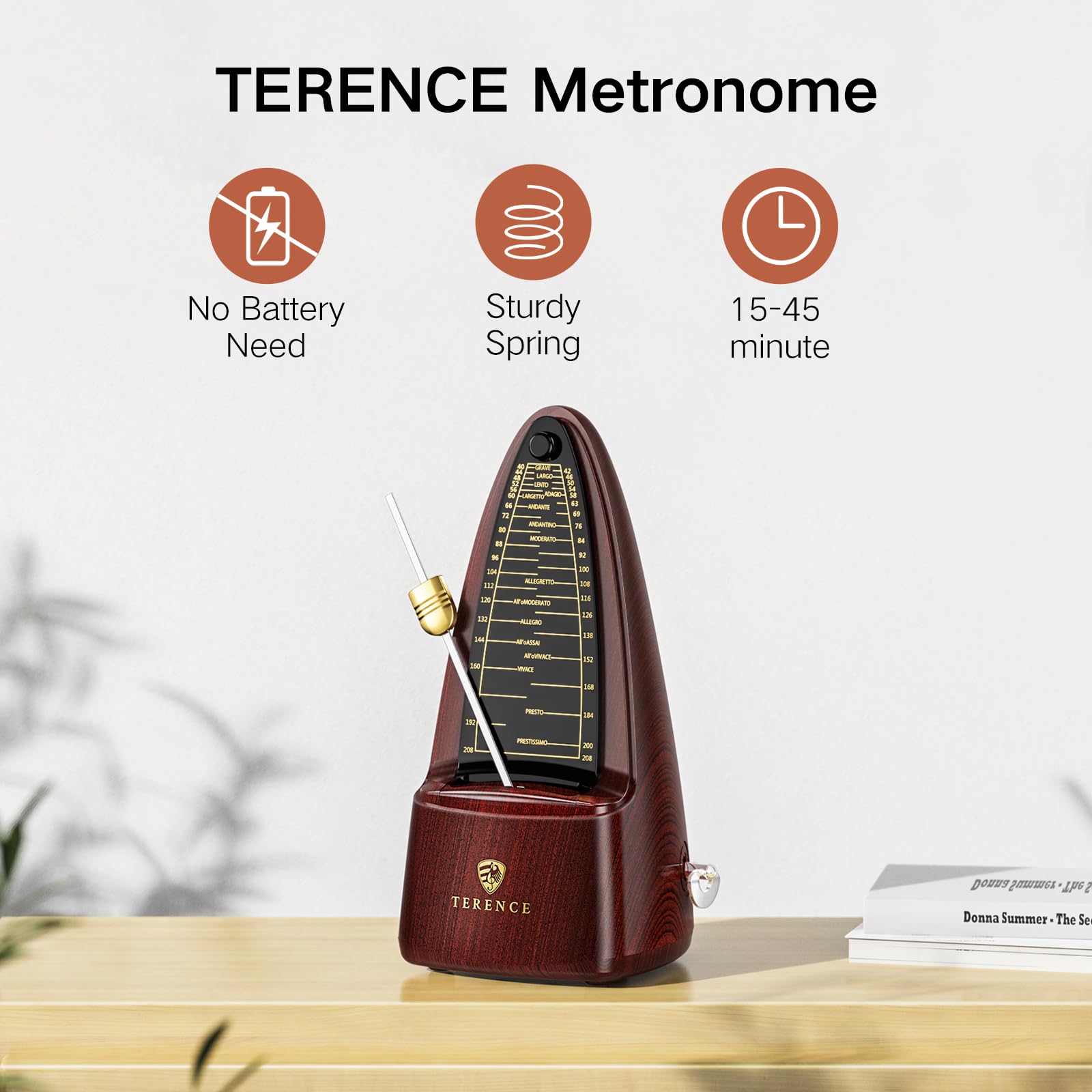 Metrónomo TERENCE Metrónomo mecánico de alta precisión con campana acentuada, tiempo preciso, duradero para piano, violín, batería, bajo, guitarra, adecuado como regalo color nuez