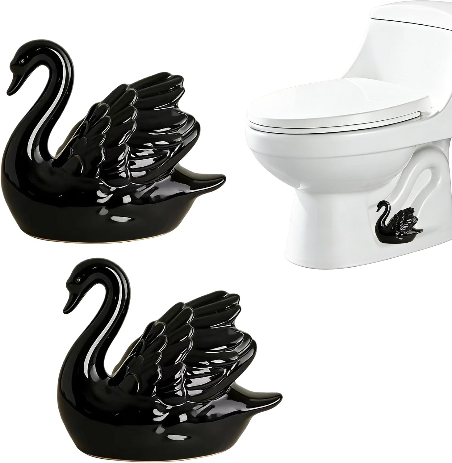 2 Pack Ceramic Swan Toilet Floor Bolt Caps,Cute Toilet Bowl Screw Covers, Toilet Bolt Figurine, Toilet Bowl Cap Covers, Decorative Bathroom Toilet Bolt Easy Installation (2, Black)