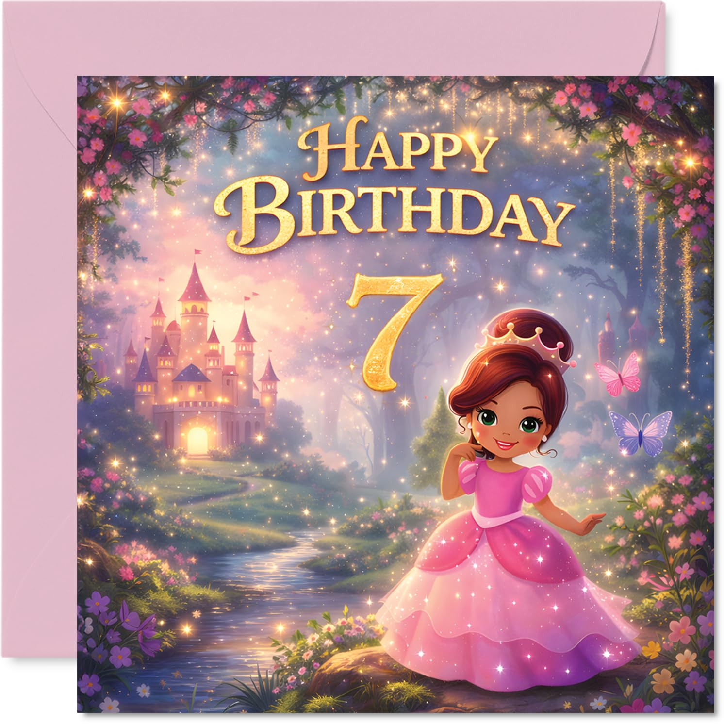 Cute 7th Birthday Card - Whimsical Princess and Castle Scene - Pink and Gold Butterflies Add a Magical Touch - Sure to Enchant Any Little Dreamer - 145mm Square, Envelope Included