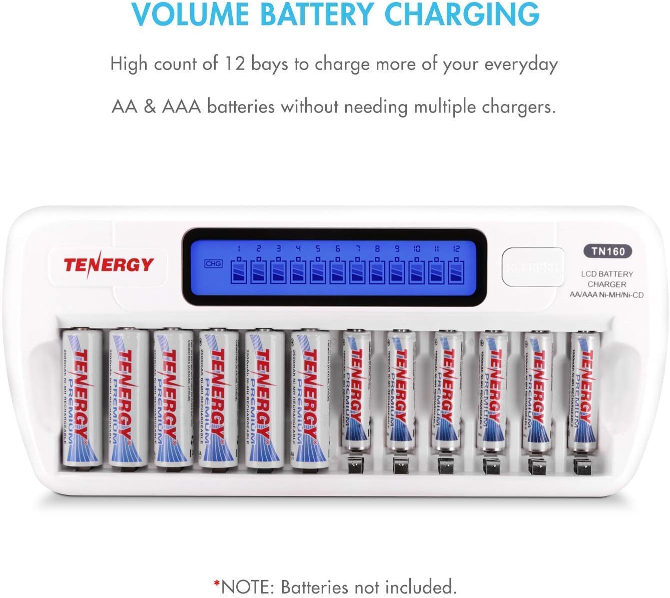 Tenergy TN160 and 24 Pack Centura Rechargeable Batteries, 12x AA Batteries, 12x AAA Batteries, Ideal Solar Lights, Remote Controllers, Toys, Flashlights, Computer Mouse