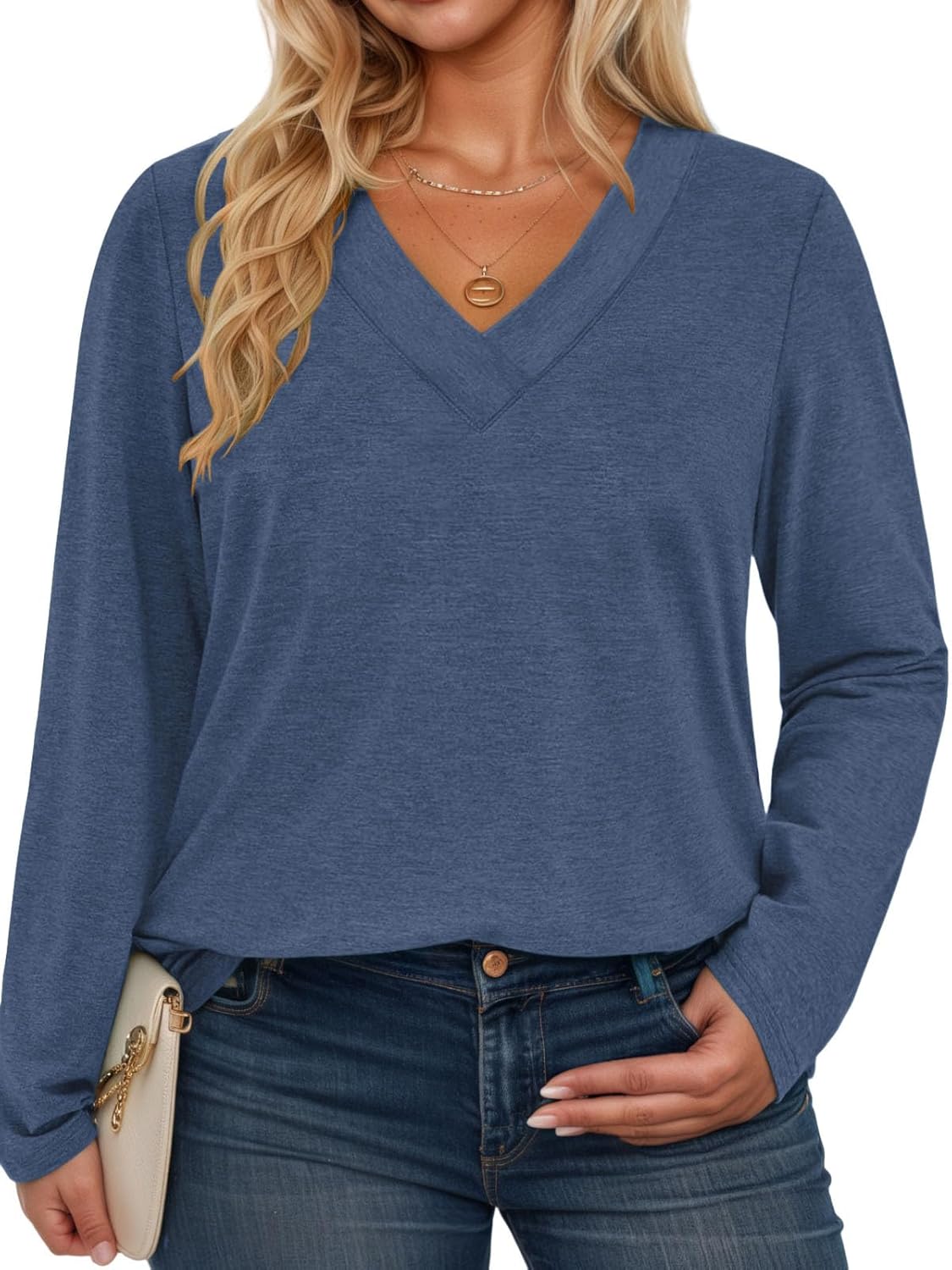 VISLILY Plus-Size-Tops for Women Trendy V Neck T Shirts Casual Long Sleeve Dressy Cute Blouses Loose Fit Tunics Tees XL-5XL