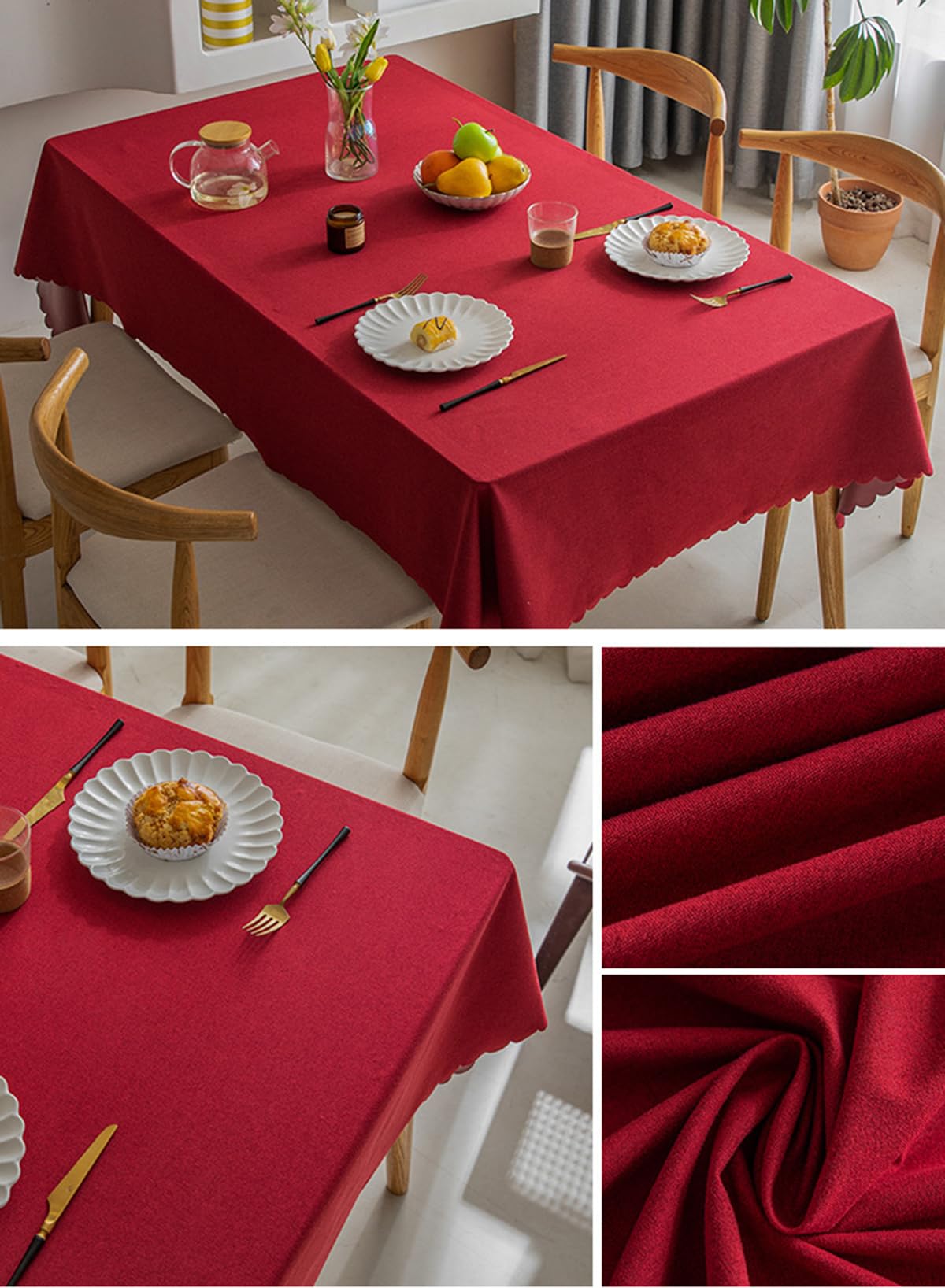 Mantel Antimanchas de algodón y Lino Apto para Cocina Comedor y mesas de café fácil de Limpiar Rojo 140 x 240 cm