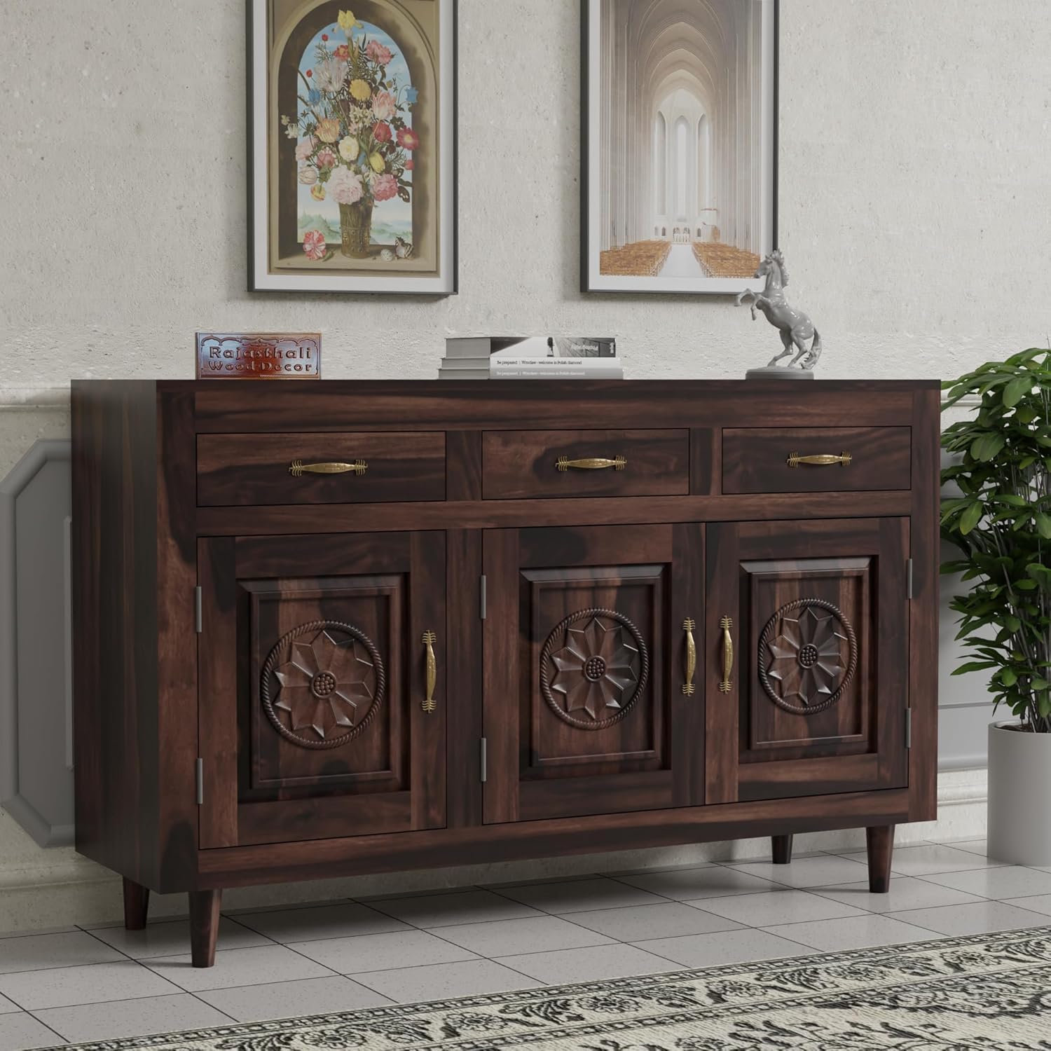 Solid Sheesham Wood Sideboard Cabinet with 3 Drawer & 4 Shelves - Chest of Drawers Wooden Drawer Storage Cabinet for Bedroom Living Room Storage Furniture Decor (Walnut, Noah)-image-28