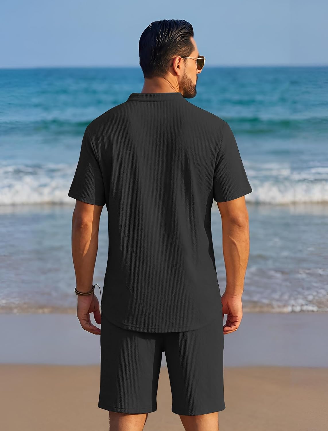 COOFANDY Men's Summer Beach Outfits 2 Piece Casual Textured Henley Shirt and Shorts Set