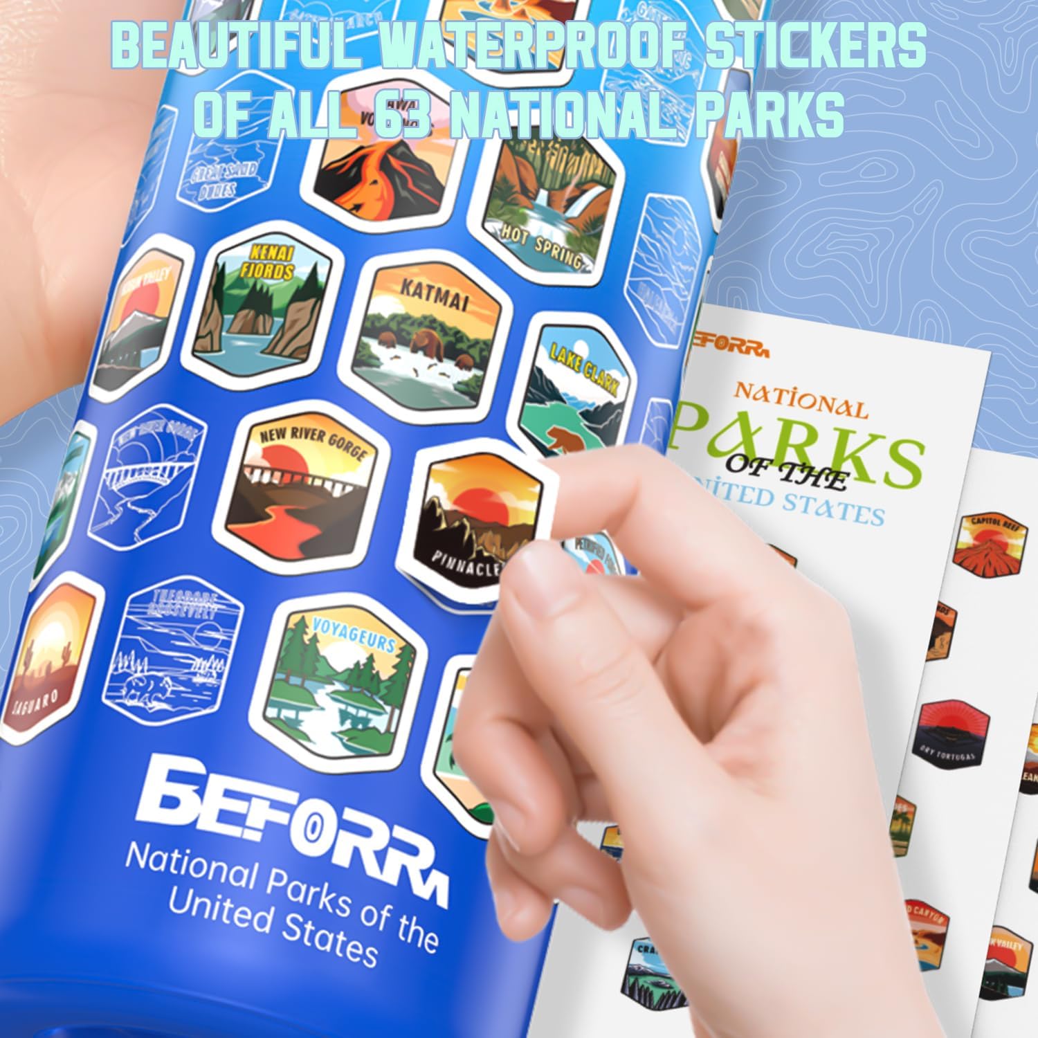 National Parks Water Bottle with 63 Waterproof Stickers & Carry Strap, Durable Plastic Water Bottle 32oz Hiking Water Bottles for Travel, Camping, Gifts for Kids, Men, Women Tritan, BPA Free - Image 6