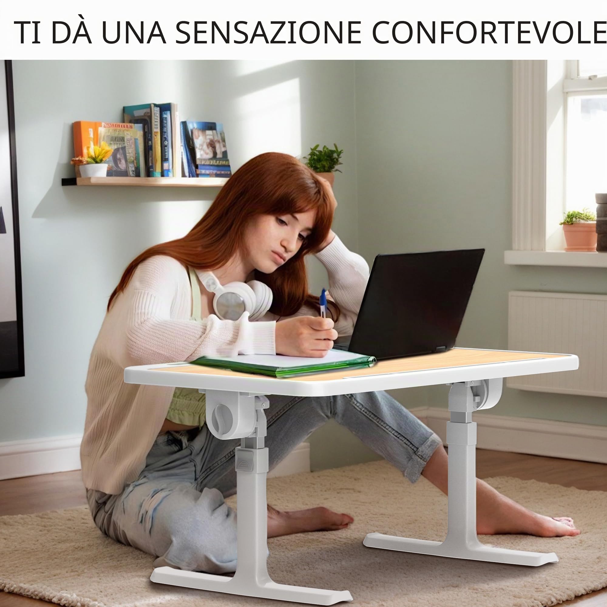Soontrans Tavolino da Letto 60x40cm, Vassoio da Letto con Cassetto e Supporto per Tablet, Regolabile in Altezza und Angolo, Pieghevole, Tavolo da Letto per Letto, Divano, Pavimento(Colore del Legno)