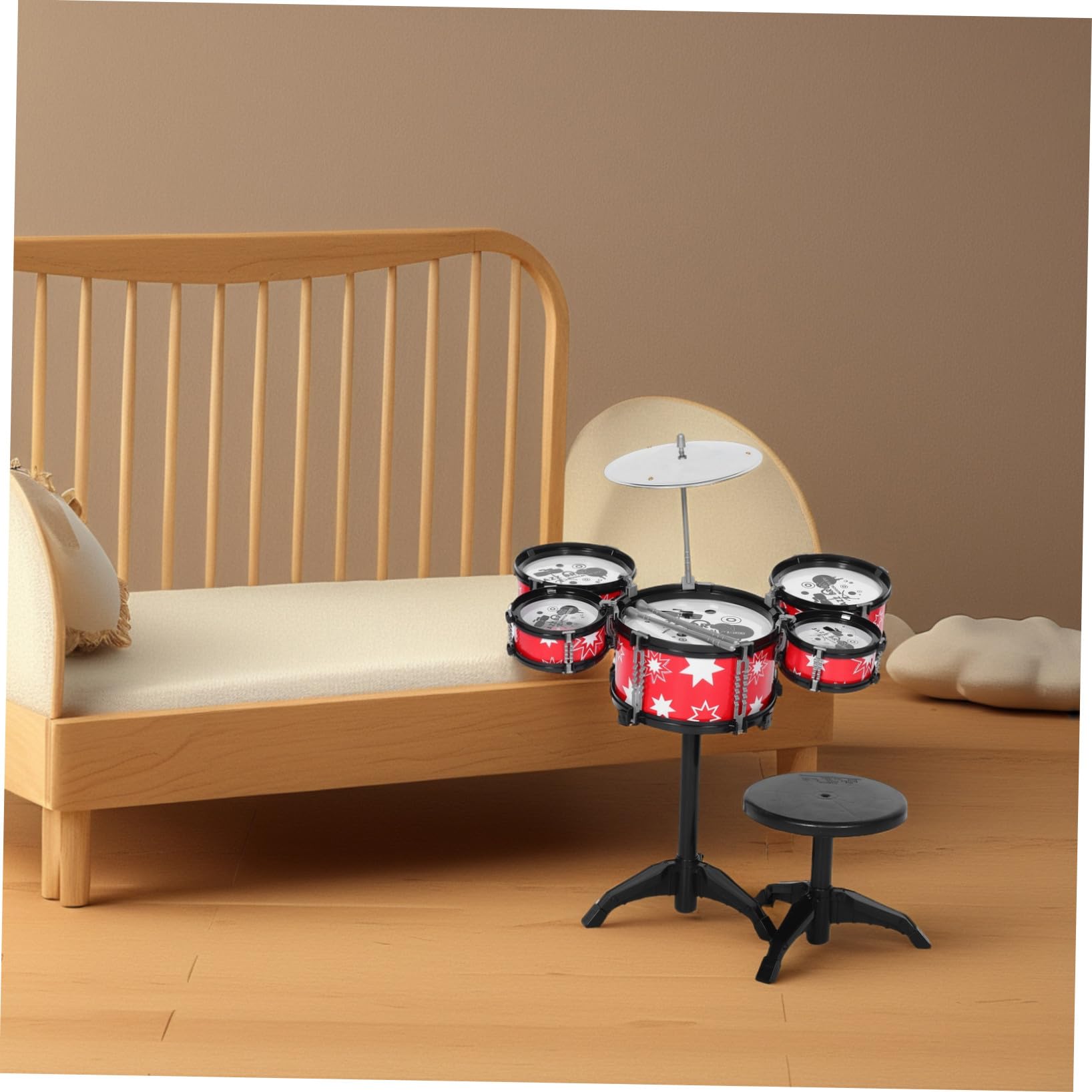 Piccola Batteria Giocattolo per Bambini e Piccoli, Plastico Rosso, Costruzione Robusta, Strumento Musicale Multifunzione per Giochi Educativi