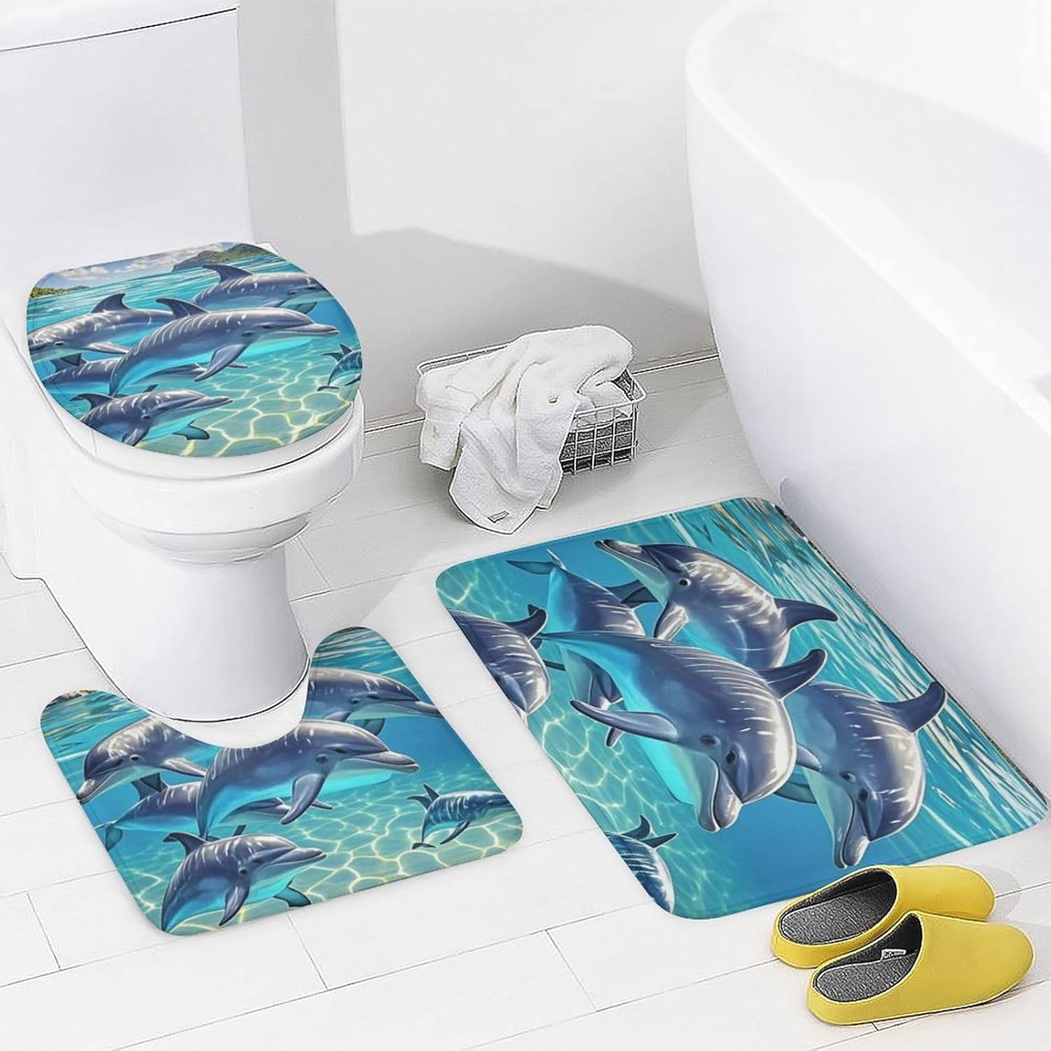 4 Pcs Dolphins Art Bathroom Set with Bath Mat, Shower Curtain with 12 Hooks, Anti-Slip U Shape and Toilet Lid Cover for Bathroom Decor