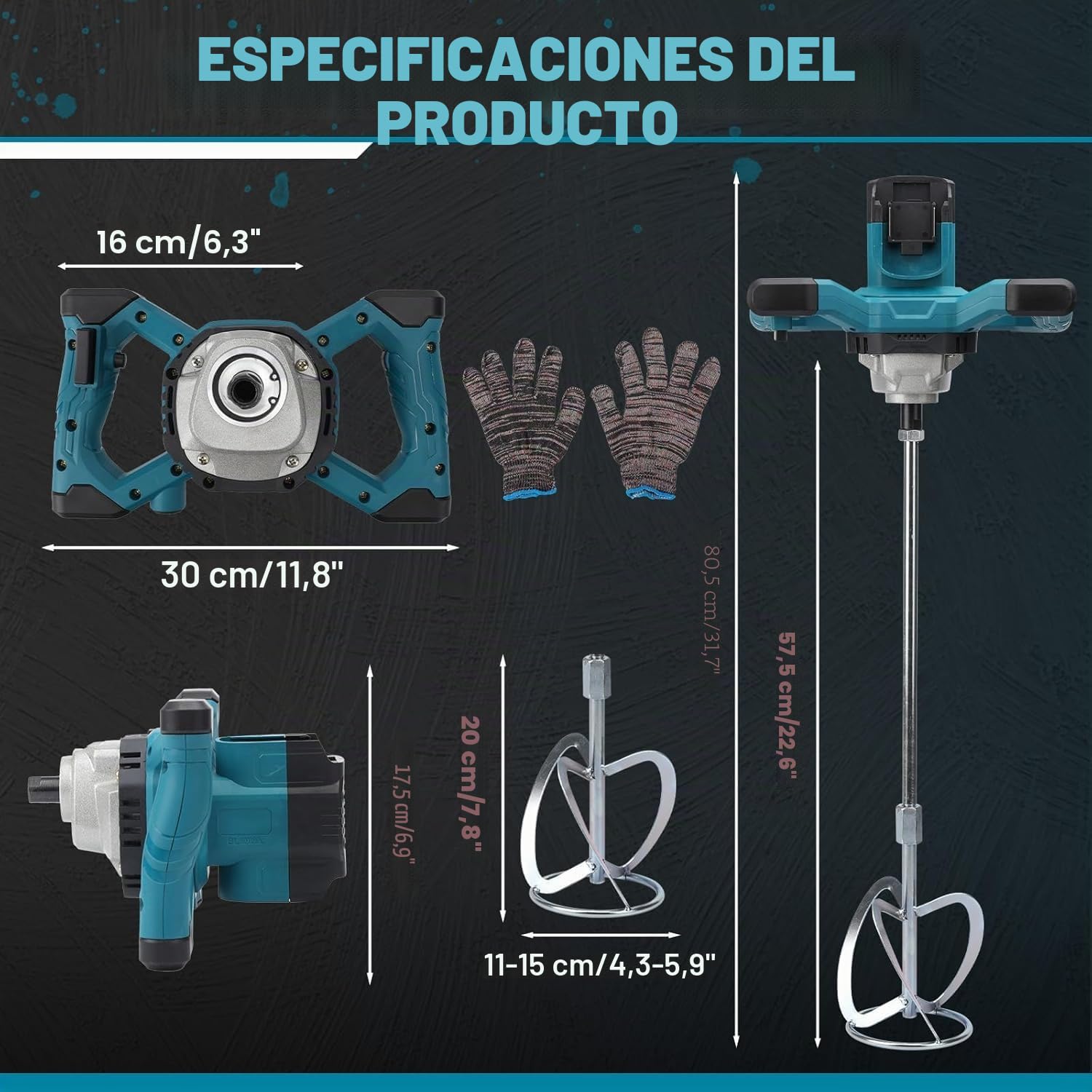 Mezclador de Cemento compatible con Makita batería 18V, 3200W mezclador de mortero de pintura, 6 Velocidades de Ajuste Hormigonera, para cemento, polvo de masilla, pintura (sin batería)