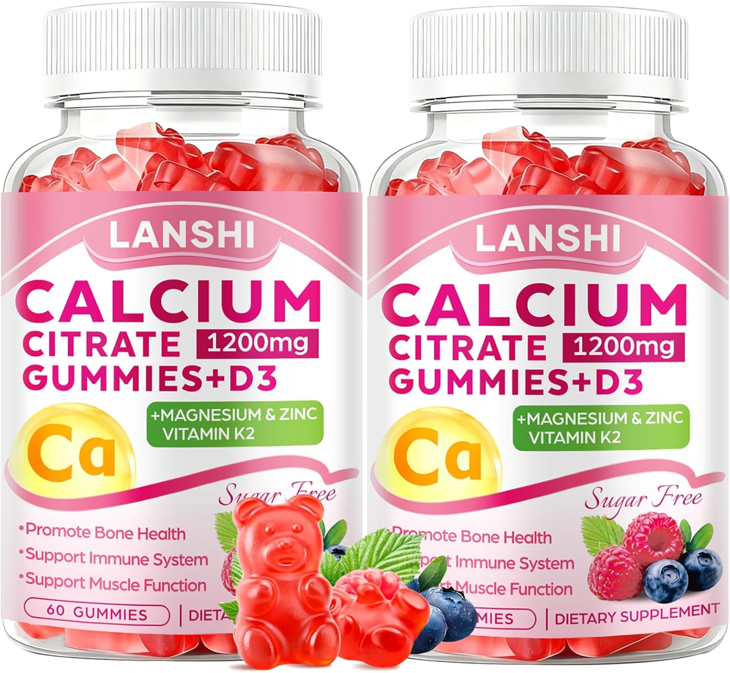 Calcium Citrate Gummies 1200mg with Vitamin D3 & K2 Supplements for Women & Men, High Absorption Calcium Gummies Plus Magnesium, Zinc for Strong Bones & Immune Support Mixed Berry Flavor, 2 Pack