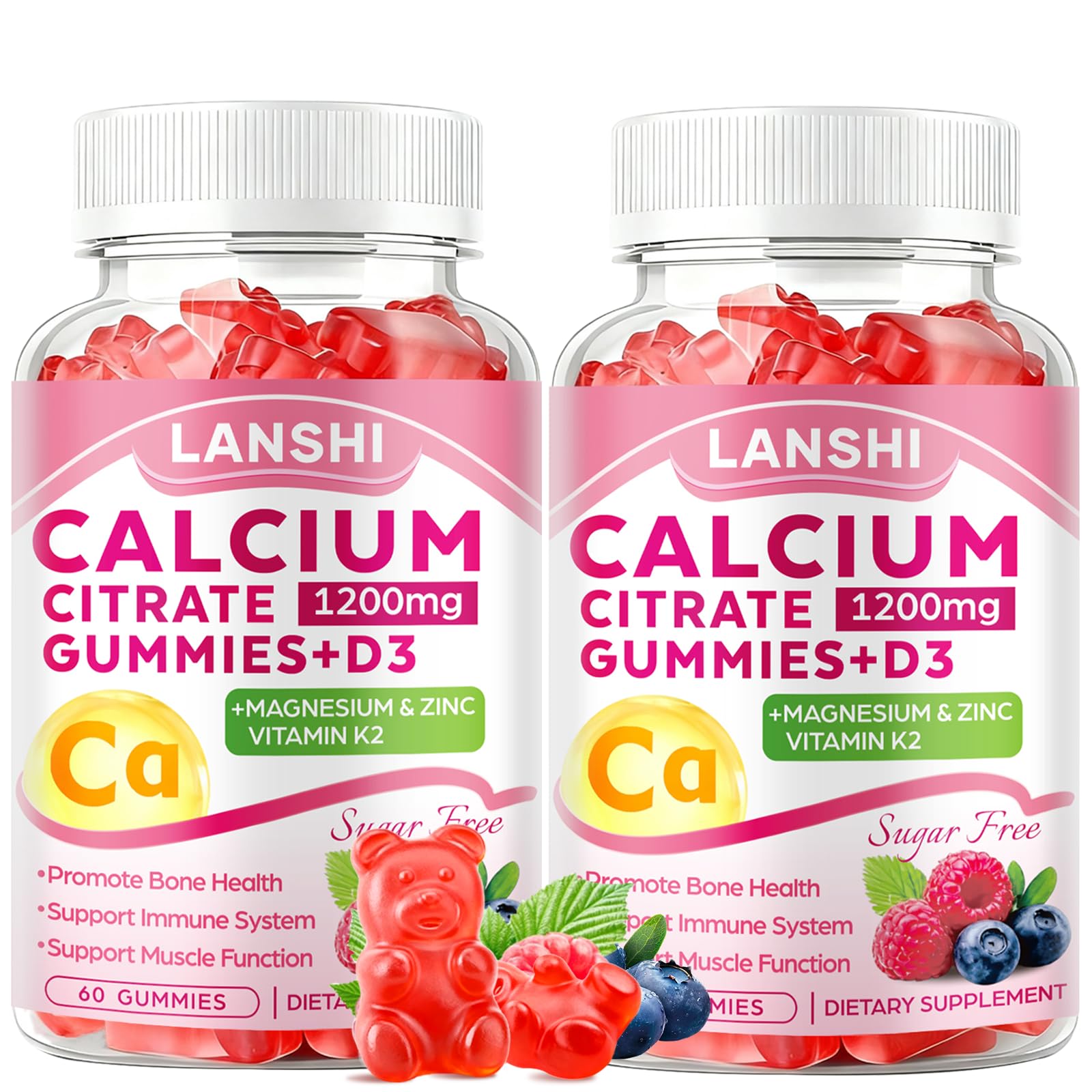 Calcium Citrate Gummies 1200mg with Vitamin D3 & K2 Supplements for Women & Men, High Absorption Calcium Gummies Plus Magnesium, Zinc for Strong Bones & Immune Support Mixed Berry Flavor, 2 Pack 60 Count (Pack of 2)