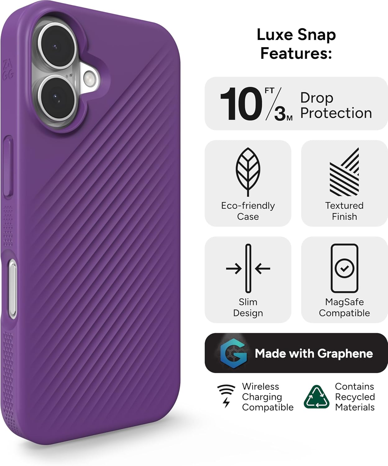 ZAGG Luxe Snap Case for iPhone 16 - MagSafe Wireless Charging, 10ft Drop Protection, Eco-Friendly, Graphene Reinforced, Ripple Design, Grape Purple