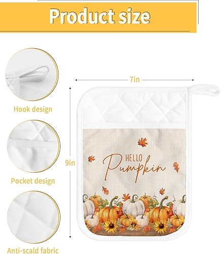 Miniatura 3 de Calabaza de otoño, 2 soportes para ollas para cocina, antideslizante y aislante de calor, juego de agarraderas de tela de toalla con bolsillo,