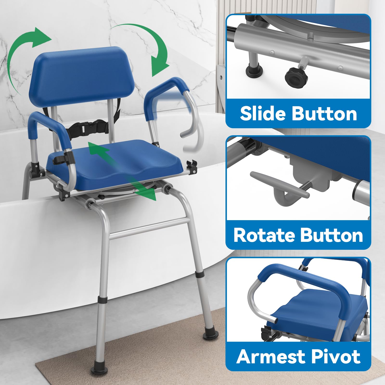 Silla de baño ajustable con soporte trasero, color azul