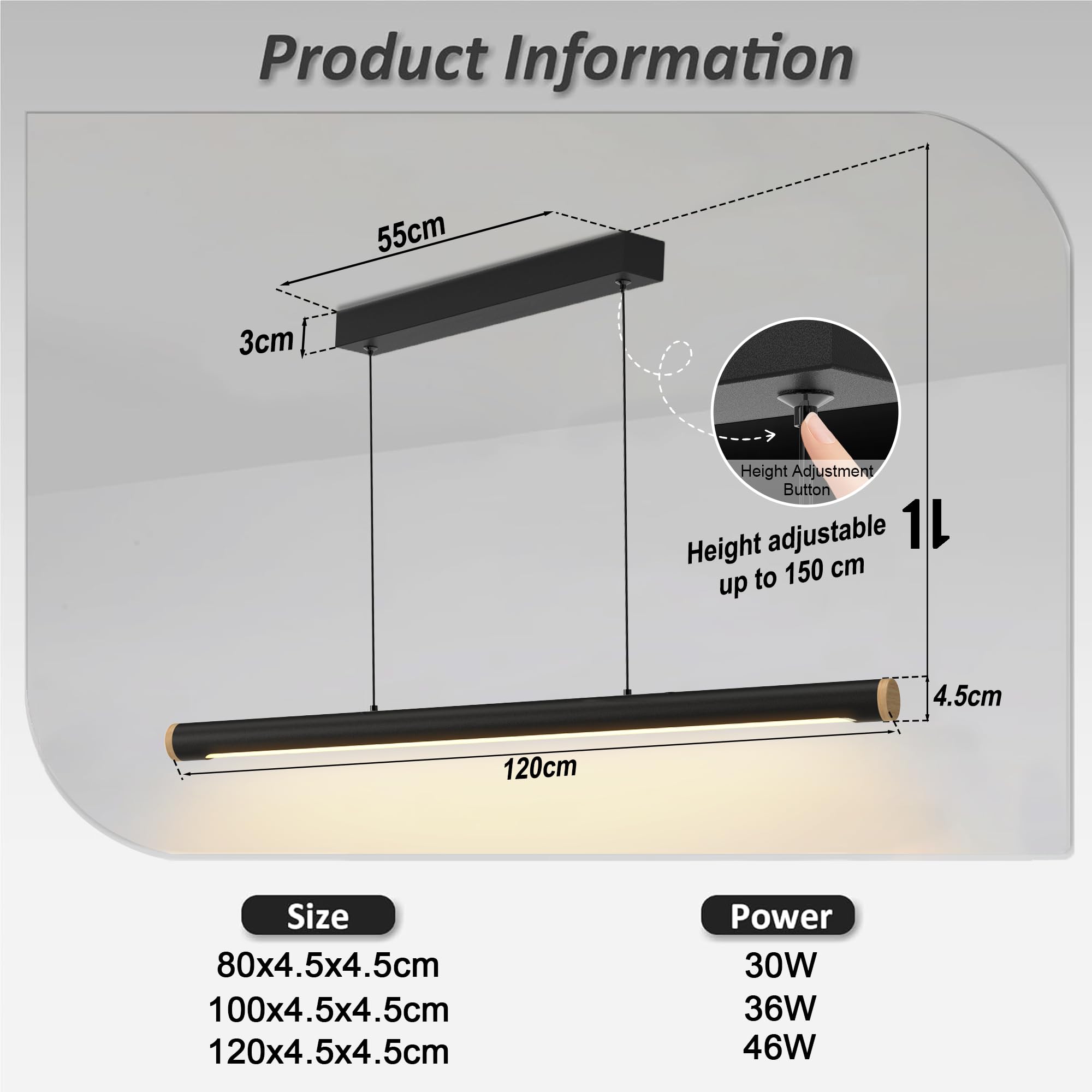 FANLG LED Lampara de techo colgante,120CM Lampara Colgante Cocina Negro Regulable con Control Remoto,46W Lampara Comedor lineal Iluminación Colgante regulable altura para Comedor Cocina Oficina