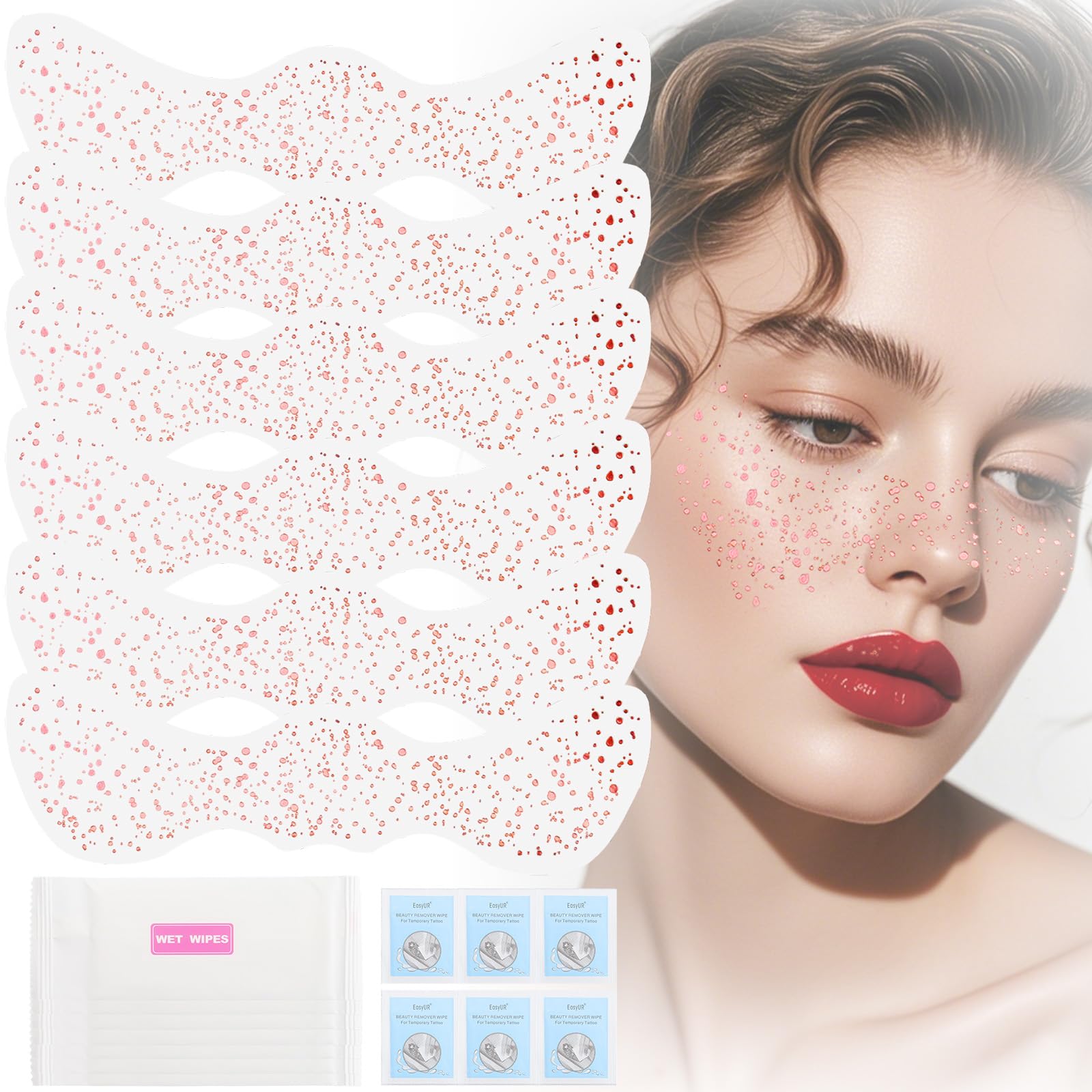 Yosca Glitter Freckles Face Tattoo, 6Pcs Metallic Rose Gold Temporary Tattoos for Body Face Freckle Makeup, Waterproof Glitter Makeup Patches for