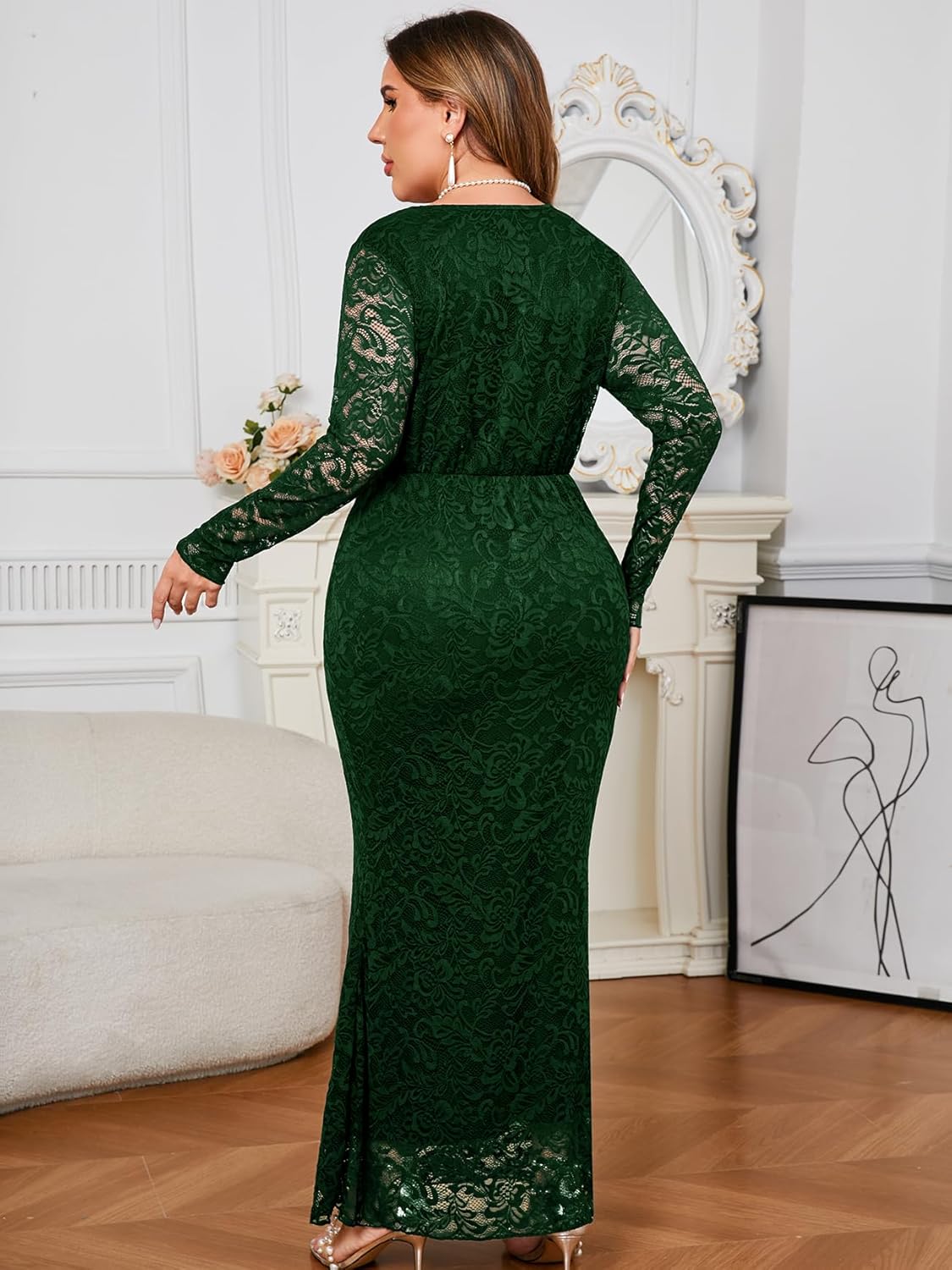 ZOMVA Plus Size Floral Lace Dress Elegant Bodycon Mermaid Maxi Evening Gown V Neck Wrap Long Sleeve Formal Dresses Party, Dark Green,2X - Image 5