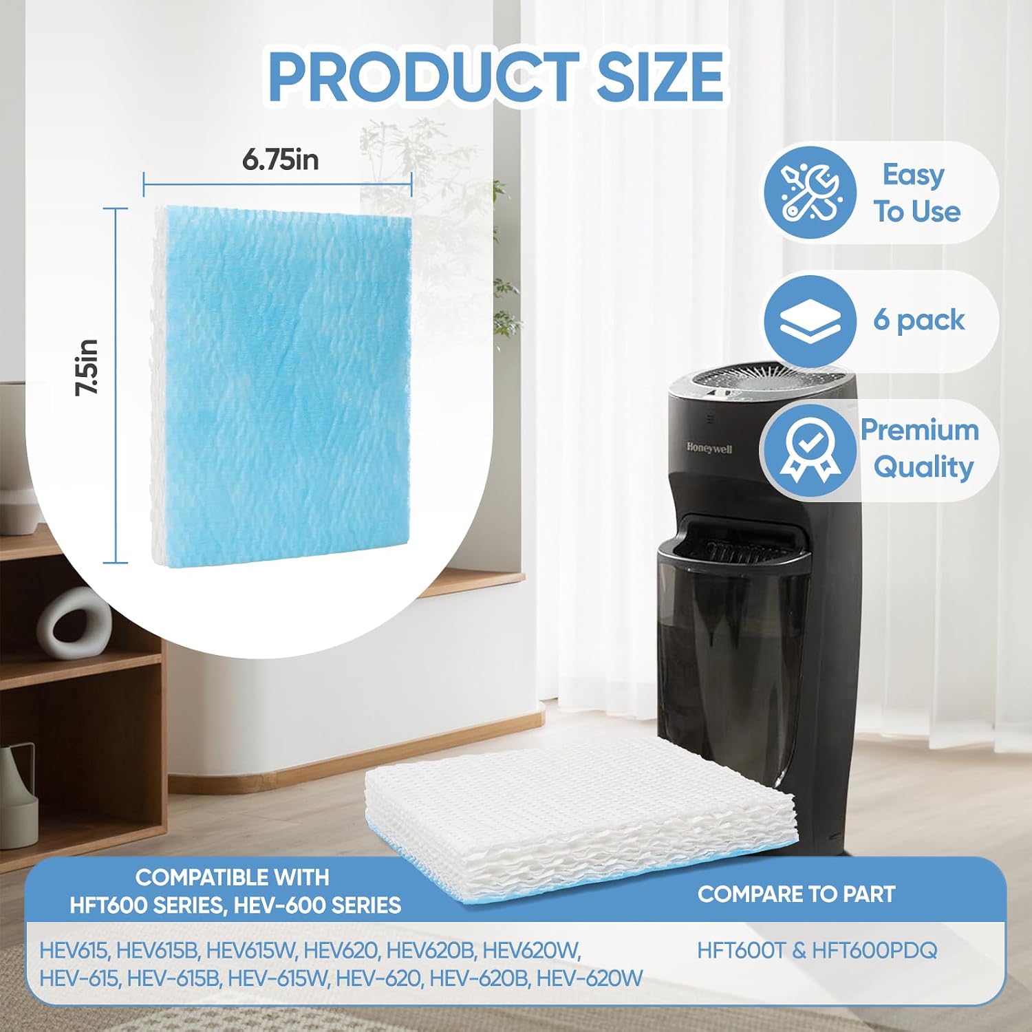 HFT600 6 Pack Humidifier Wicking Filter T Replcement Compatible with Honeywell HEV615 HEV620 Humidifier, Compared to Part HFT600T HFT600PDQ Wicking Filter, Blue