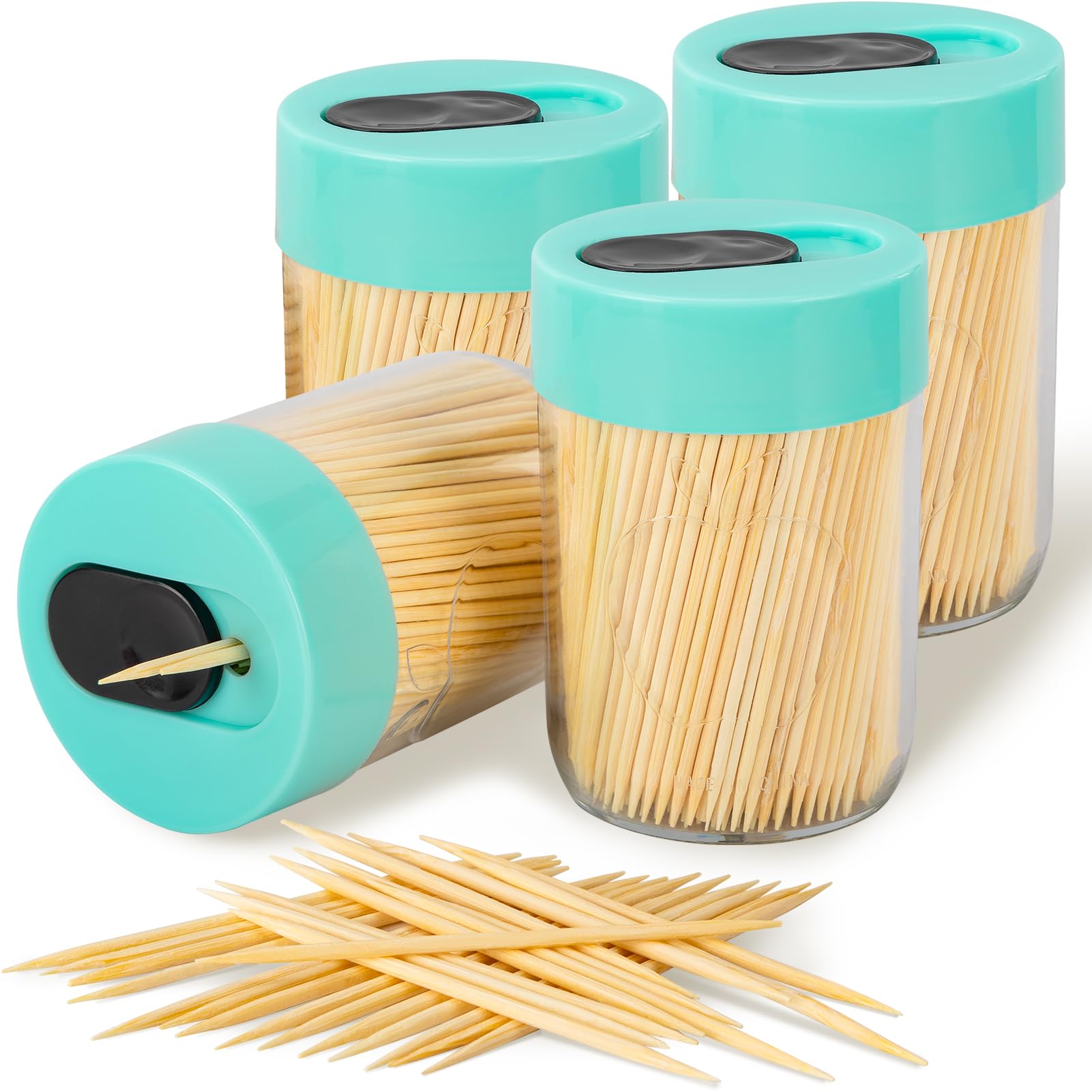 Urbanstrive Sturdy Safe Toothpick Holder with 1600 Natural Wood Toothpicks for Teeth Cleaning, Unique Home Design Decoration, Unusual Gift, 4 Pack, Light Blue