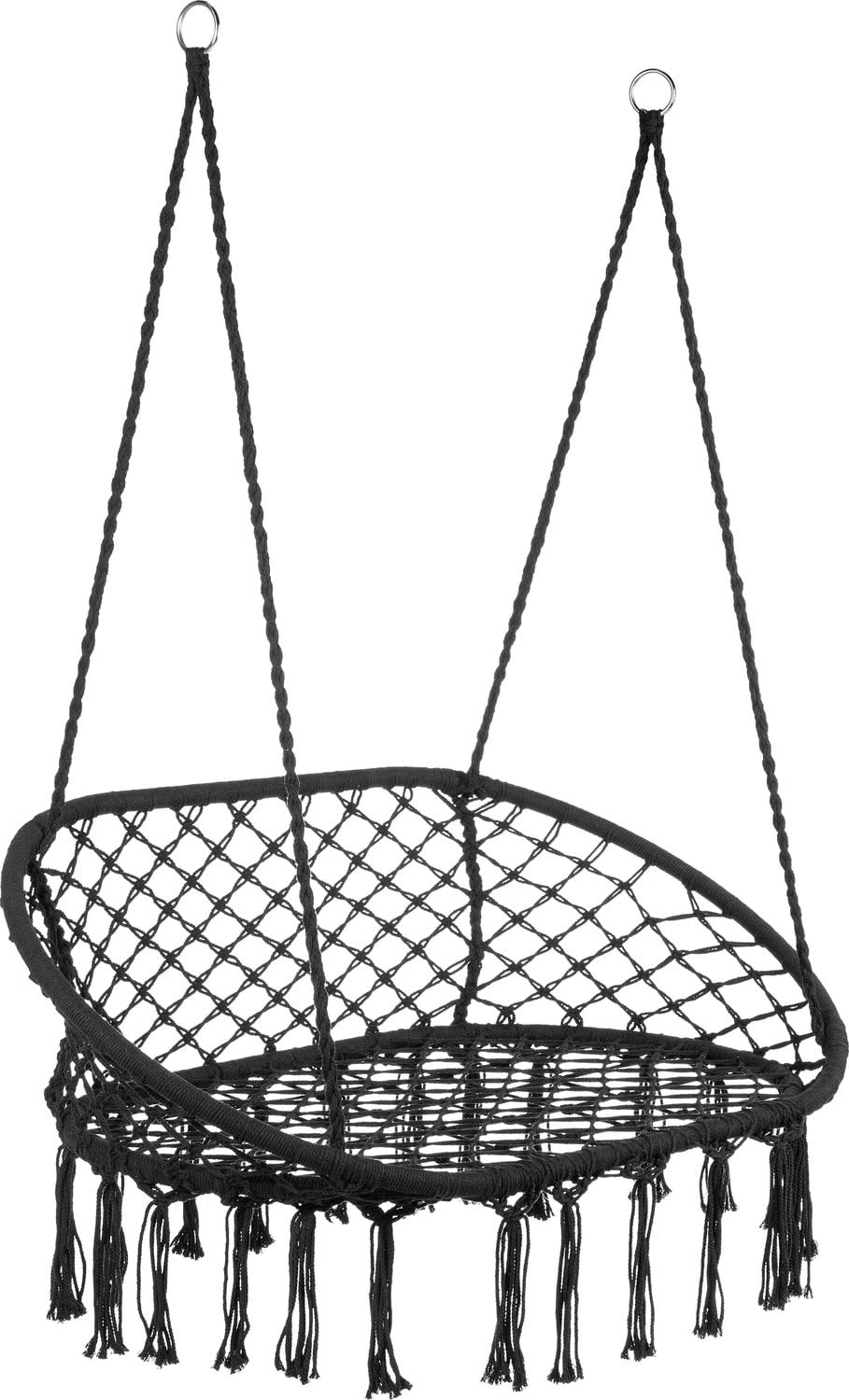 Sedia Sospesa Doppia Stile Boho 130×75 cm – Capacità 200 kg, Telaio Metallico, 4 Corde con Anelli, Interno/Esterno, Frange, Bianca, Balcone Giardino Poltrona Sospesa