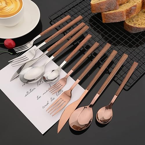 Miniatura 2 de JASHII Juego de cubiertos de mango de madera, 20 piezas de cubiertos de acero inoxidable, pulido con espejo, juego de cucharas y tenedores