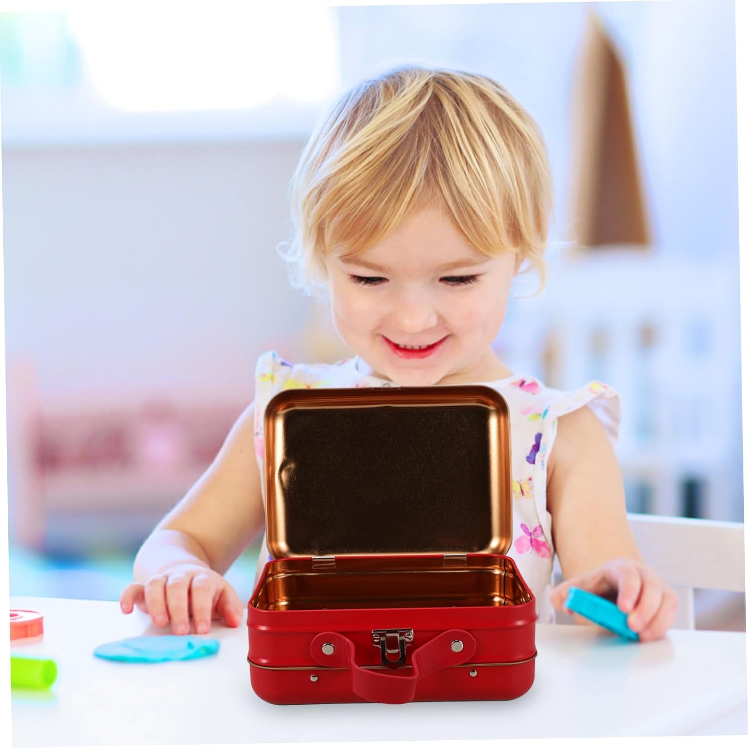 Alipis Mini Suitcase Storage Box with Handle Charming Red Iron Makeup Container for Travel Jewelry and Electronics Efficient Design for Organization