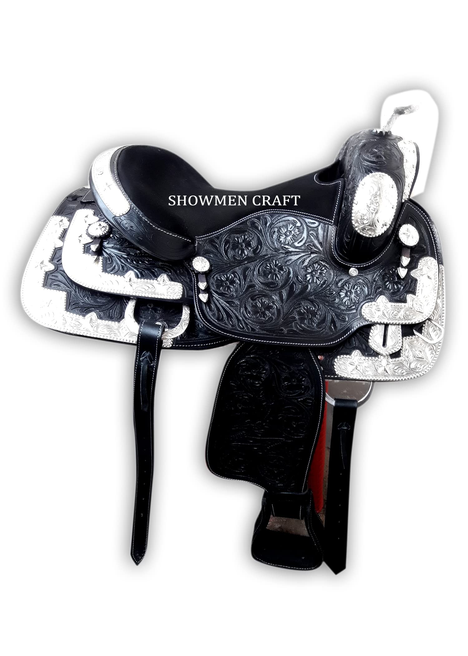 Western Saddle w pełni dekoracyjny srebrny strój wystawowy z nakryciem głowy i rozmówcą piersi (40 cm)