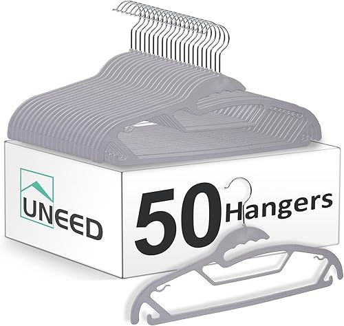 UNEED Perchas de plástico que ahorran espacio con gancho giratorio de 360, perchas resistentes para trajes y pantalones (colgador gris)