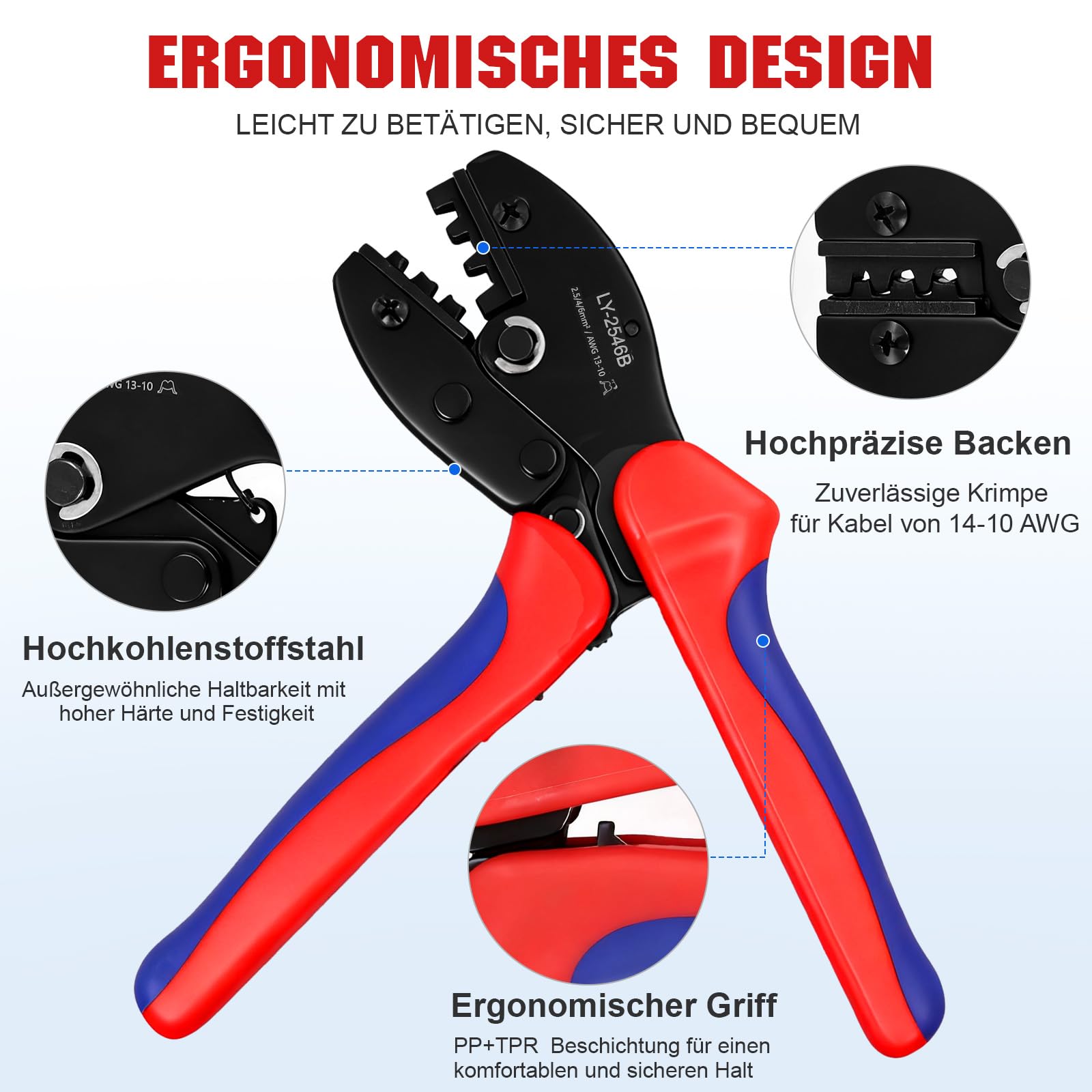 Solar Crimpzange für 2.5/4/6 mm² Solarpanel Solarkabel, 10 Paar Männlich Weiblich Solarstecker, 1 Stk Crimpzange, 1 Abisolierzange und 2 Stk Schraubenschlüssel