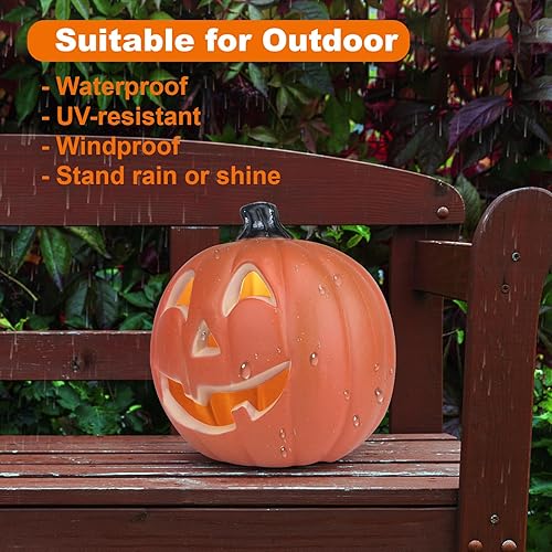 Miniatura 6 de Farol de Halloween, calabaza iluminada con foco LED que funciona con pilas, decoración de calabaza para interiores y exteriores, 10pulgadas