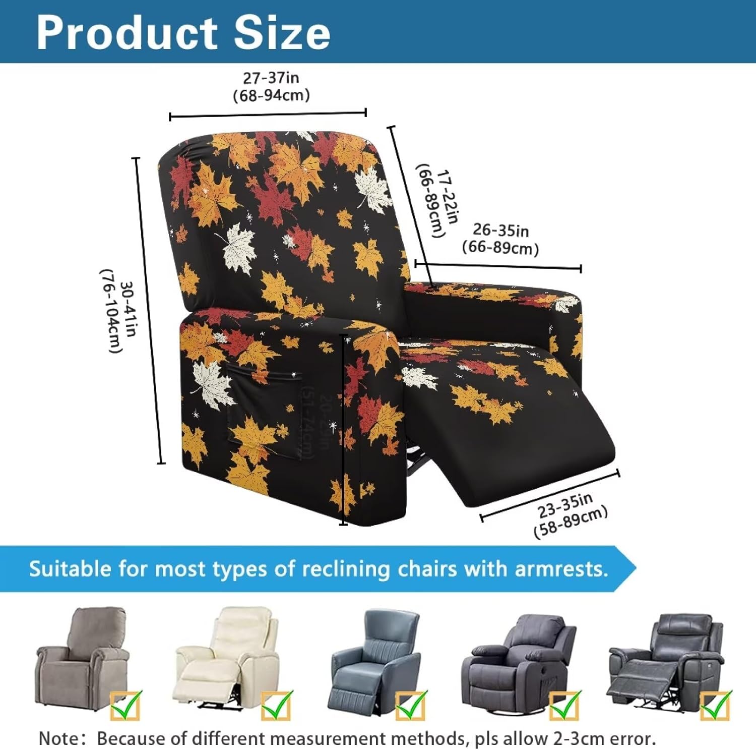 FOR U DESIGNS Maple Leaves Stretch Recliner Covers 4-Piece Set Elastic Sofa Slipcover Fit Small Recliners with Storage Pocket Machine Washable Furniture Home Decor